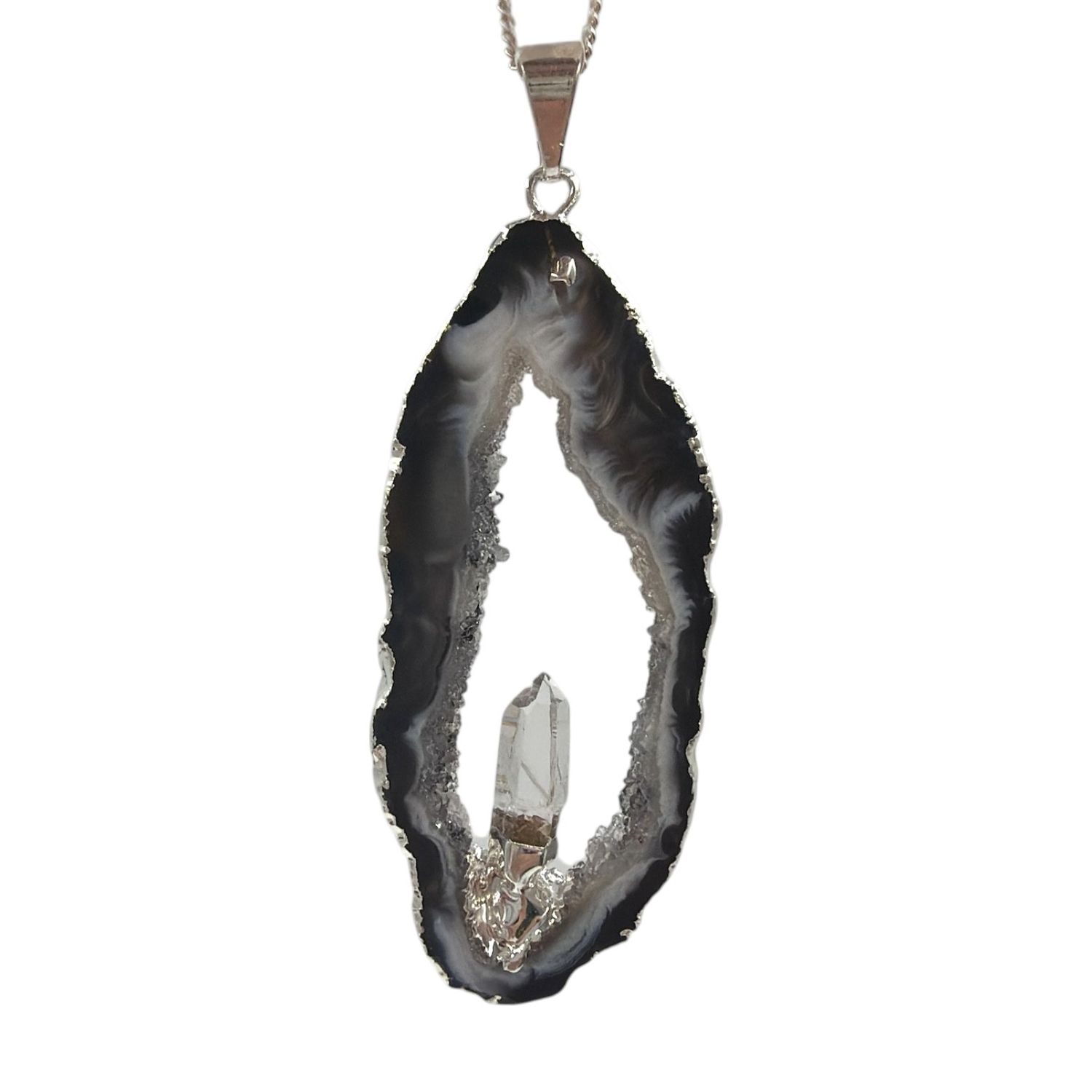 Agaat geode met bergkristal hanger verzilverd - 6.55 gram
