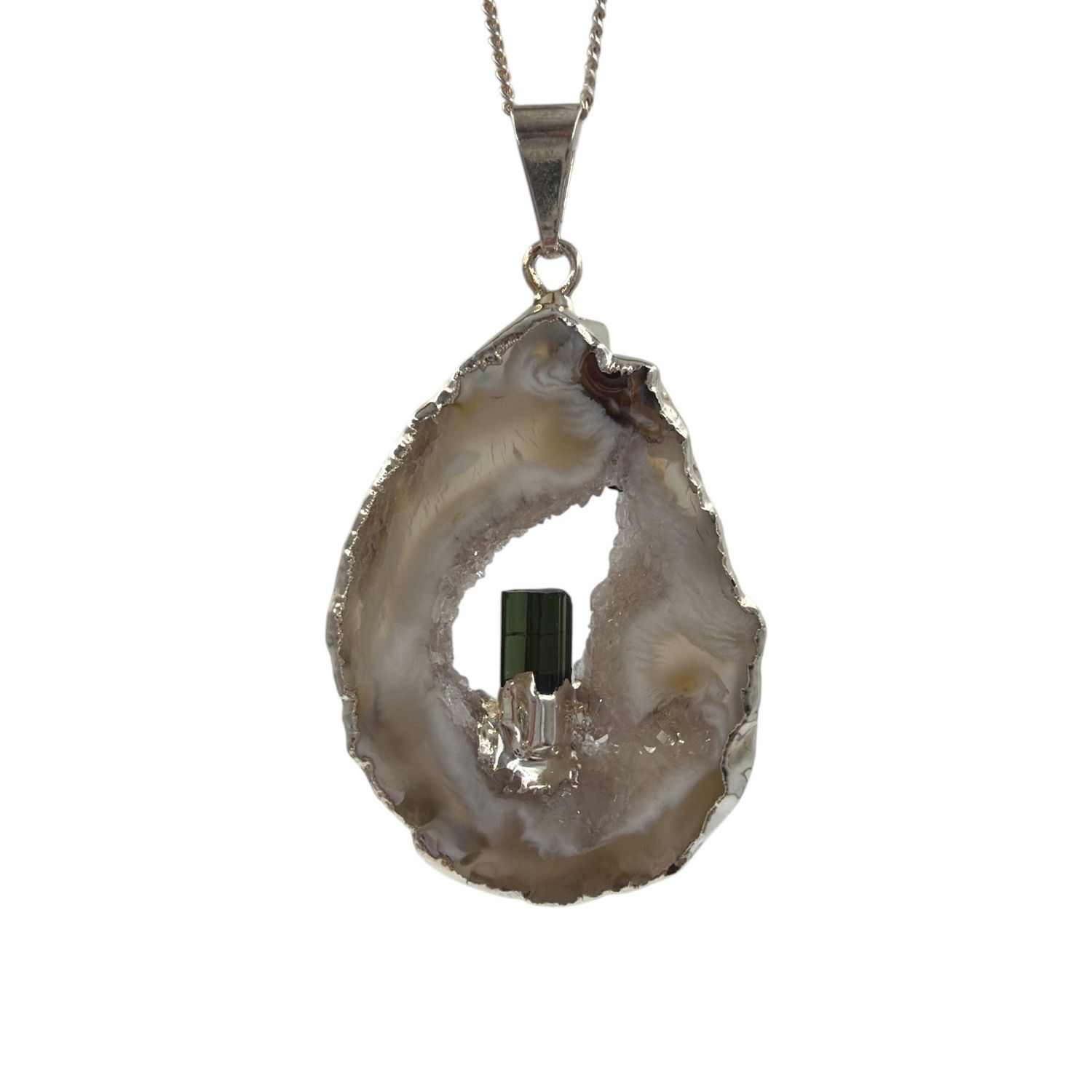 Agaat geode met toermalijn hanger verzilverd - 8.16 gram