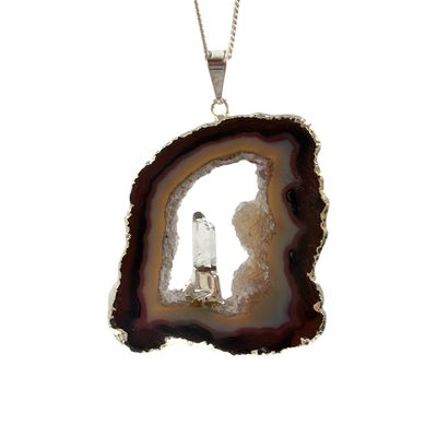 Agaat geode met bergkristal hanger verzilverd - 16.92 gram