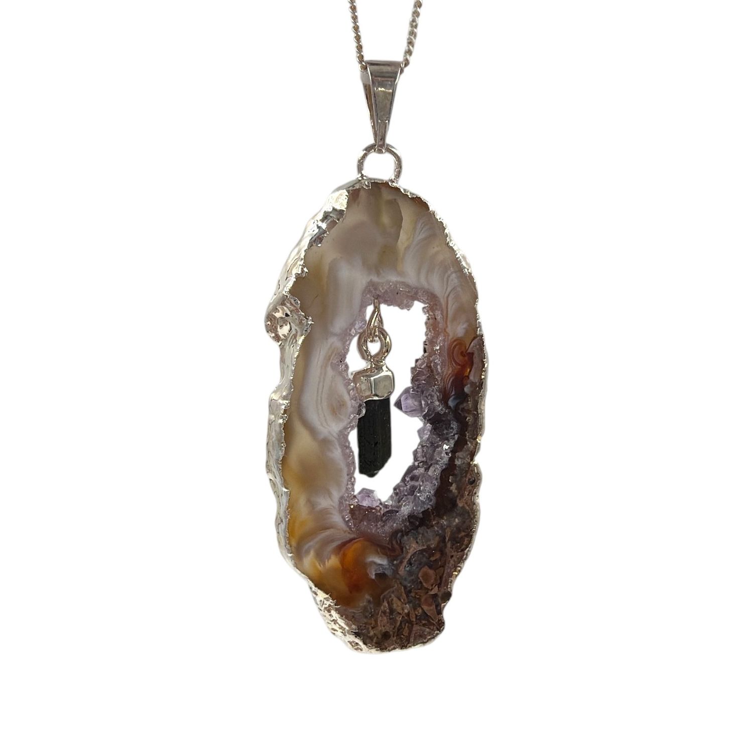 Agaat geode met toermalijn hanger verzilverd - 9.71 gram