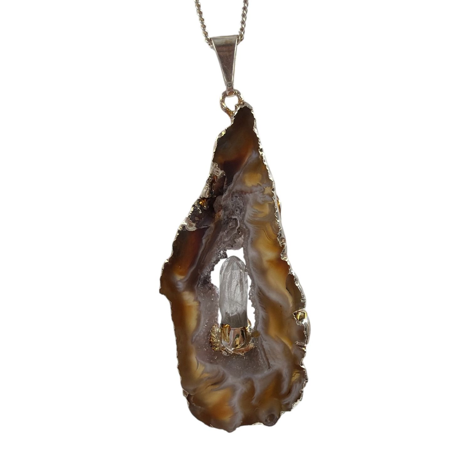 Agaat geode met bergkristal hanger verzilverd - 8.60 gram