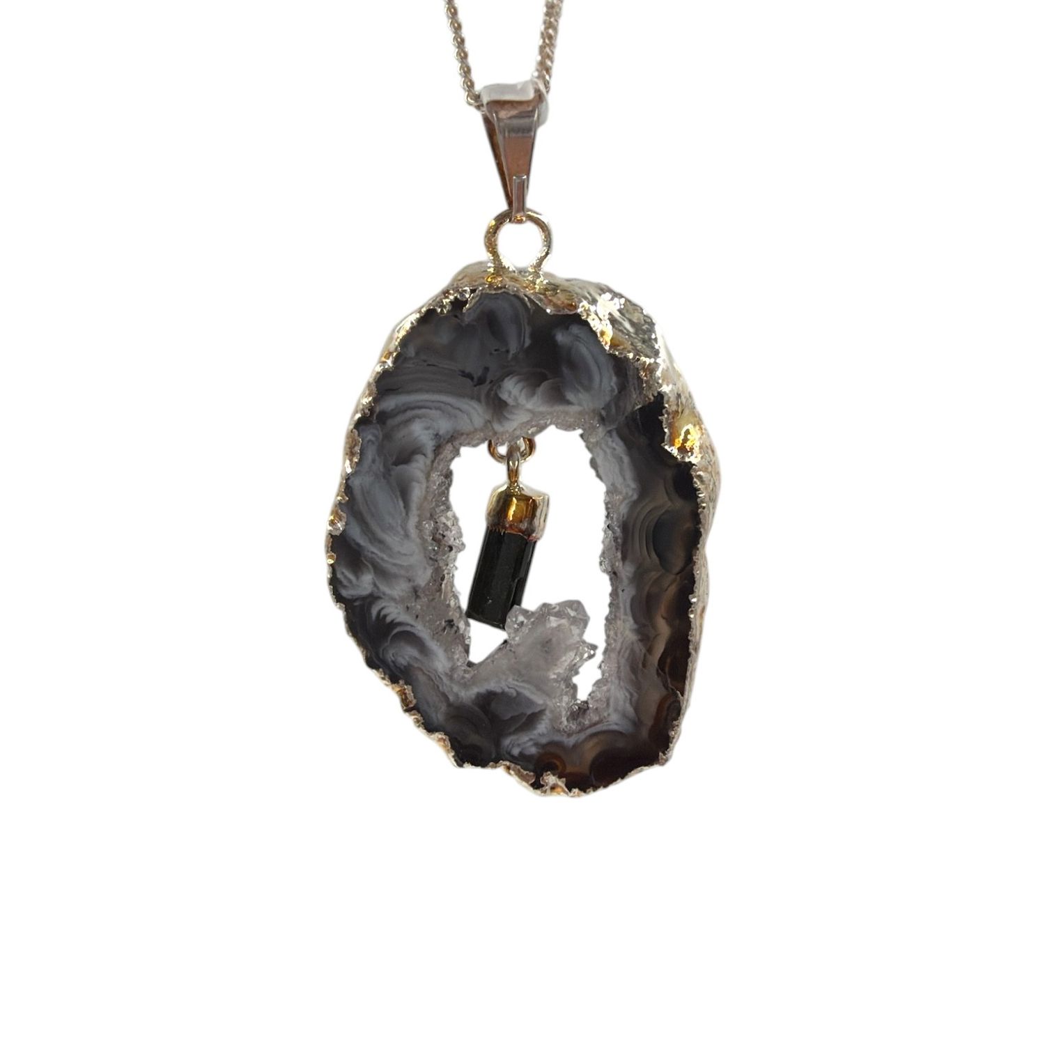 Agaat geode met toermalijn hanger verzilverd - 8.13 gram