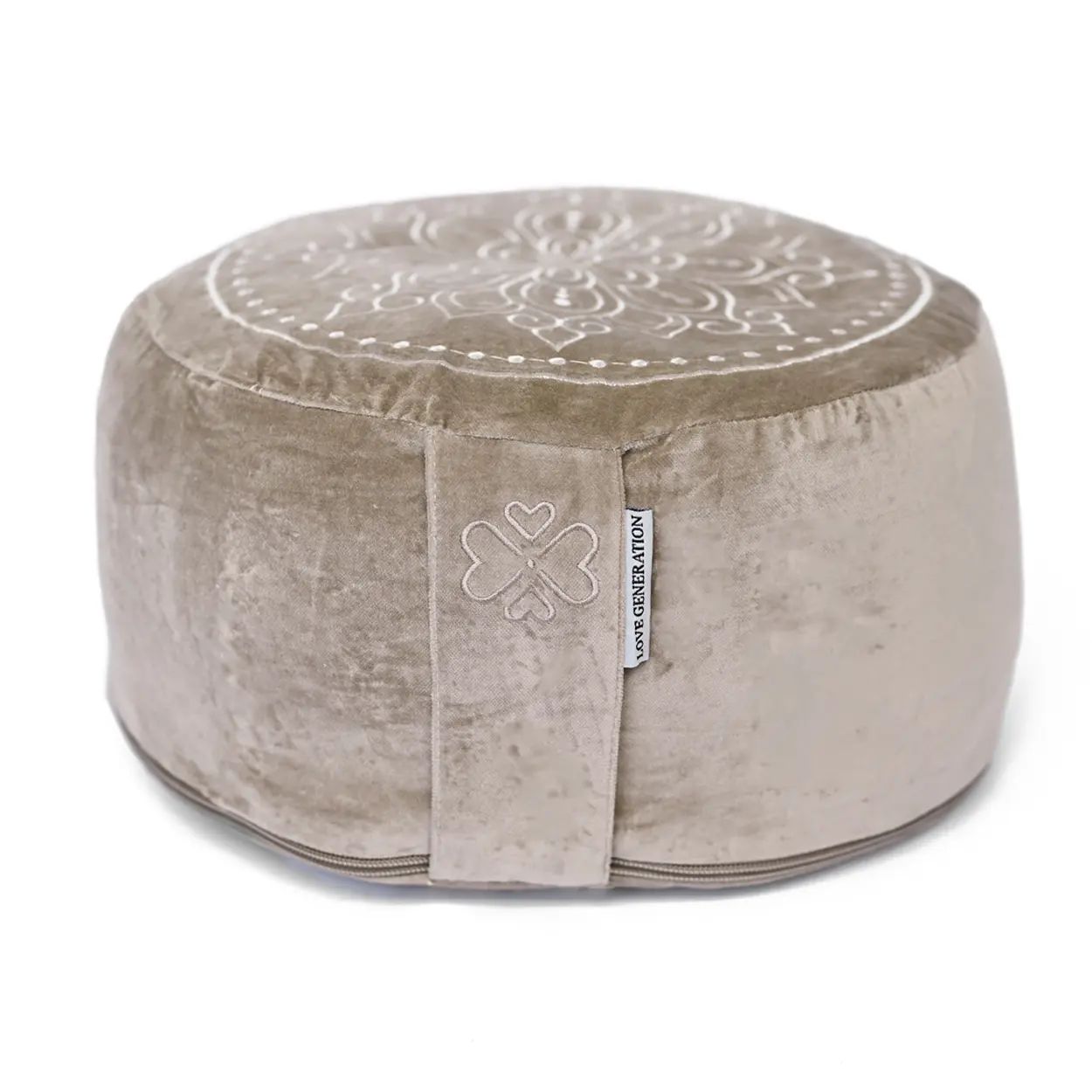 Meditatiekussen Mandala Fluweel Rond – Katoen &amp; Boekweitvulling – Taupe
