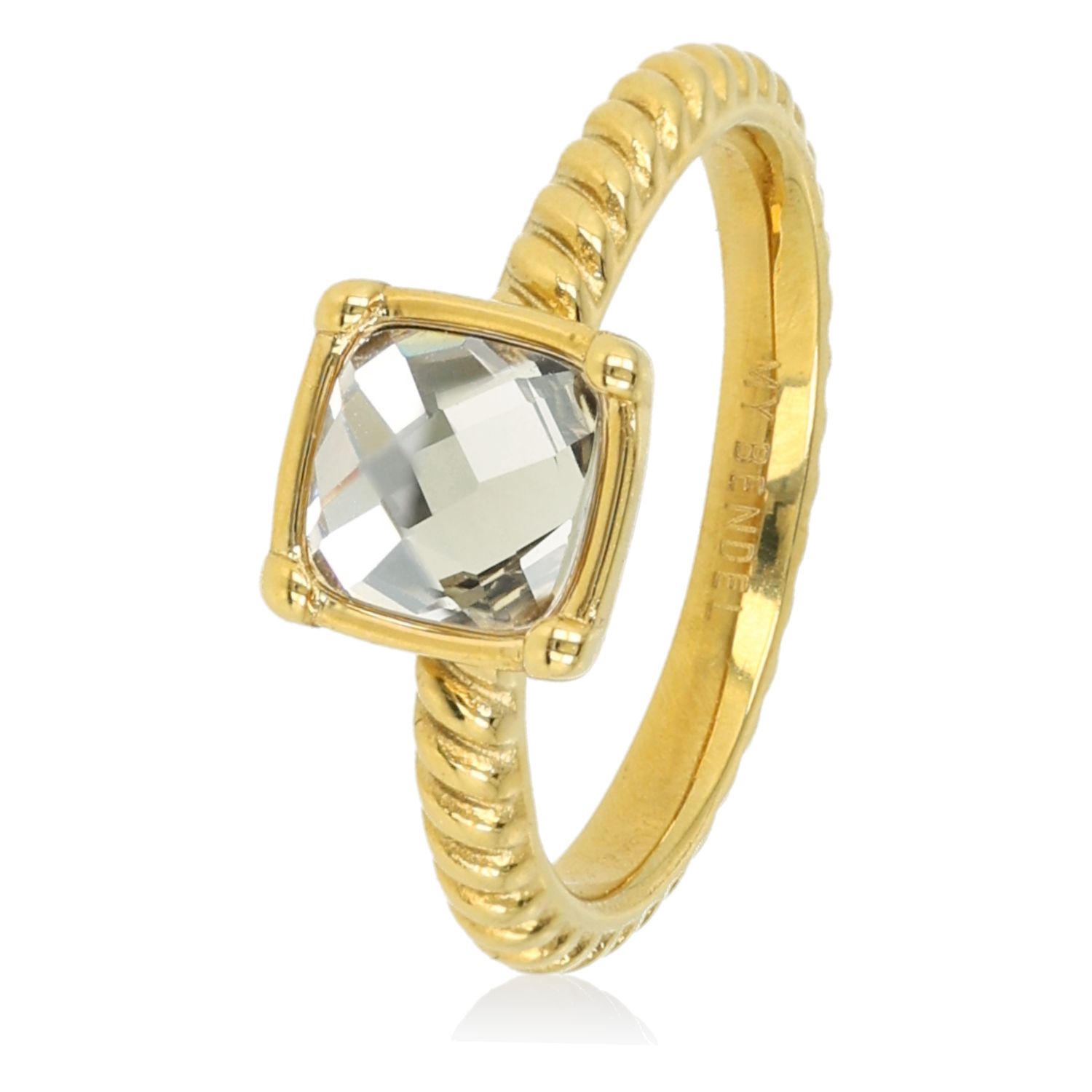 Geribbelde Ring met Vierkante Glassteen - Crystal, Maat: Maat 16