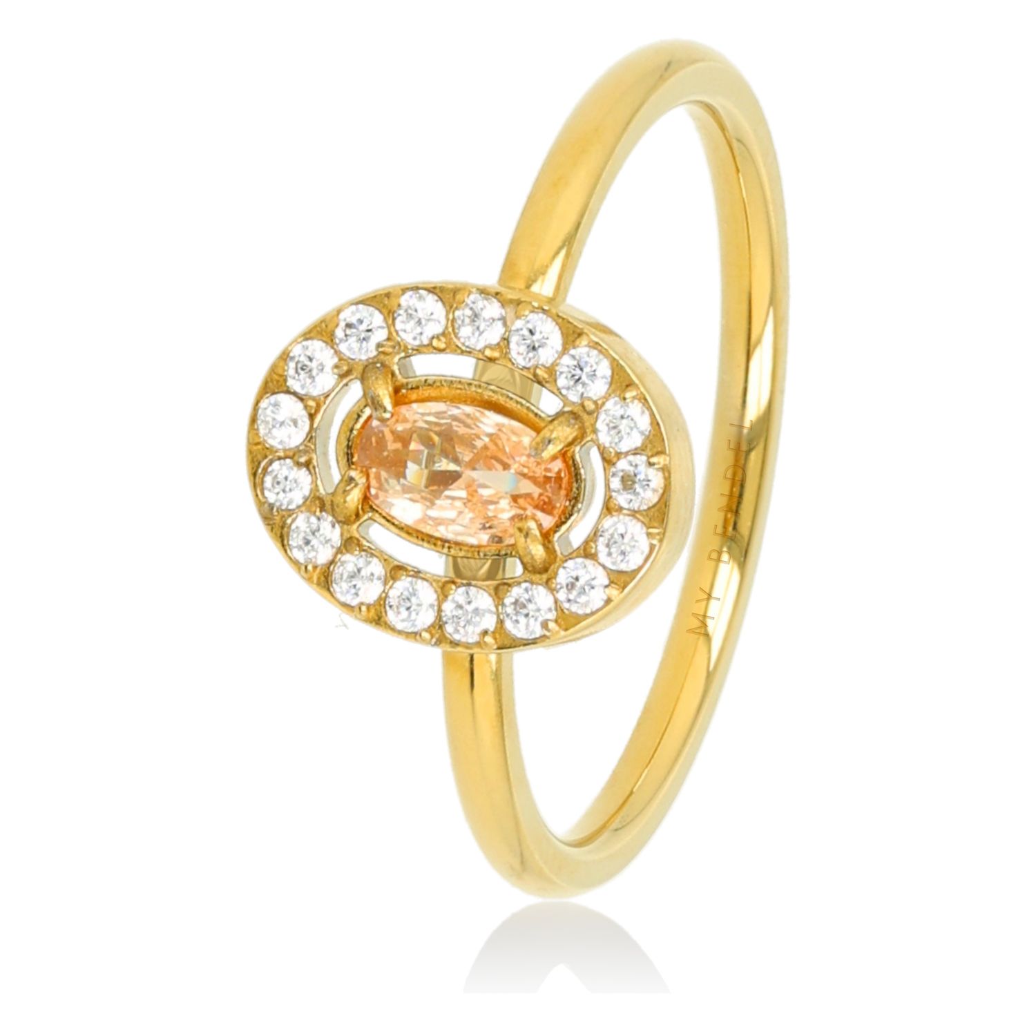 Ring met Ovale Glassteen &amp; Zirkonia - Golden Peach, Maat: Maat 16