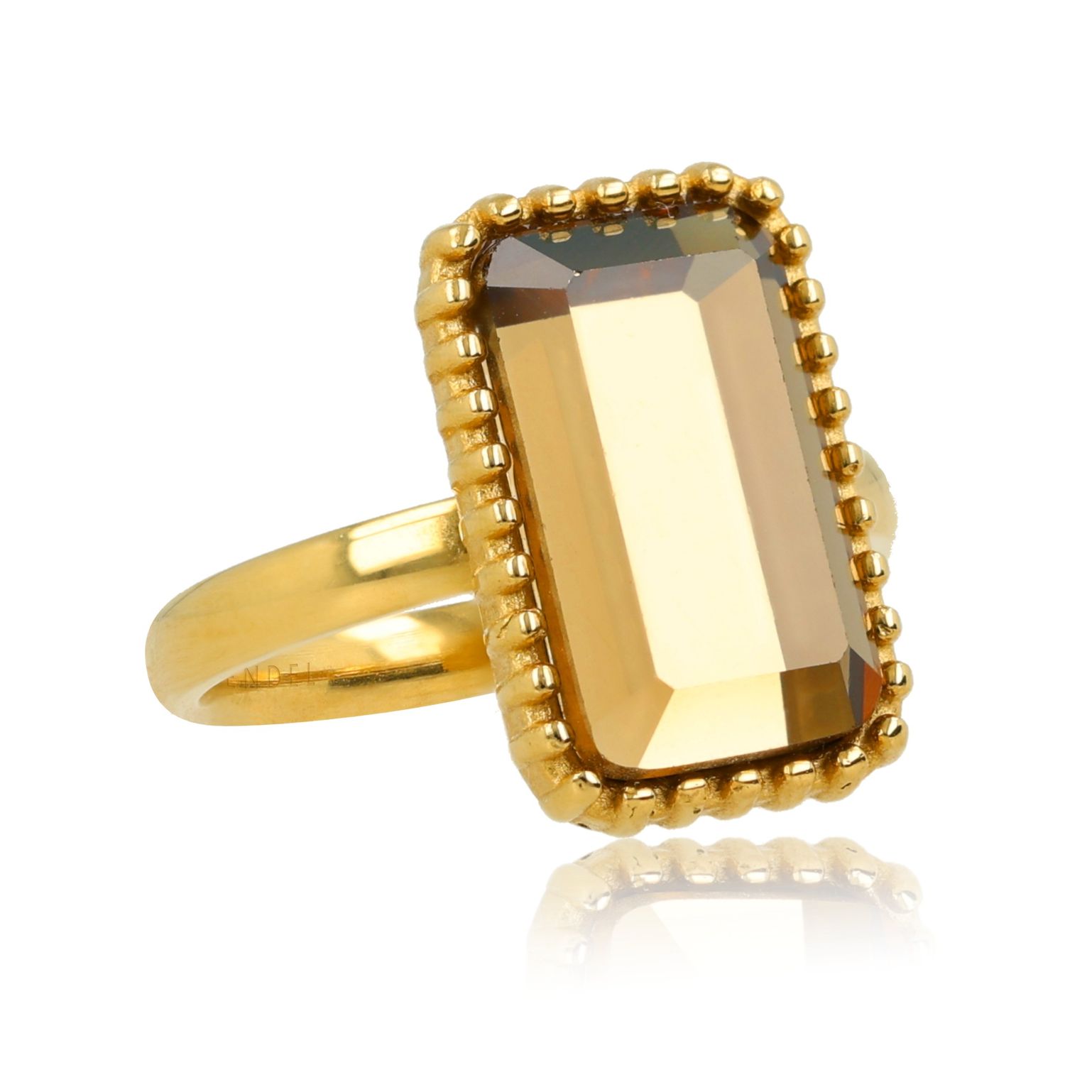 Ring met Rechthoekige Glassteen en Bolletjesrand - Smoky Topaz, Maat: Maat 16