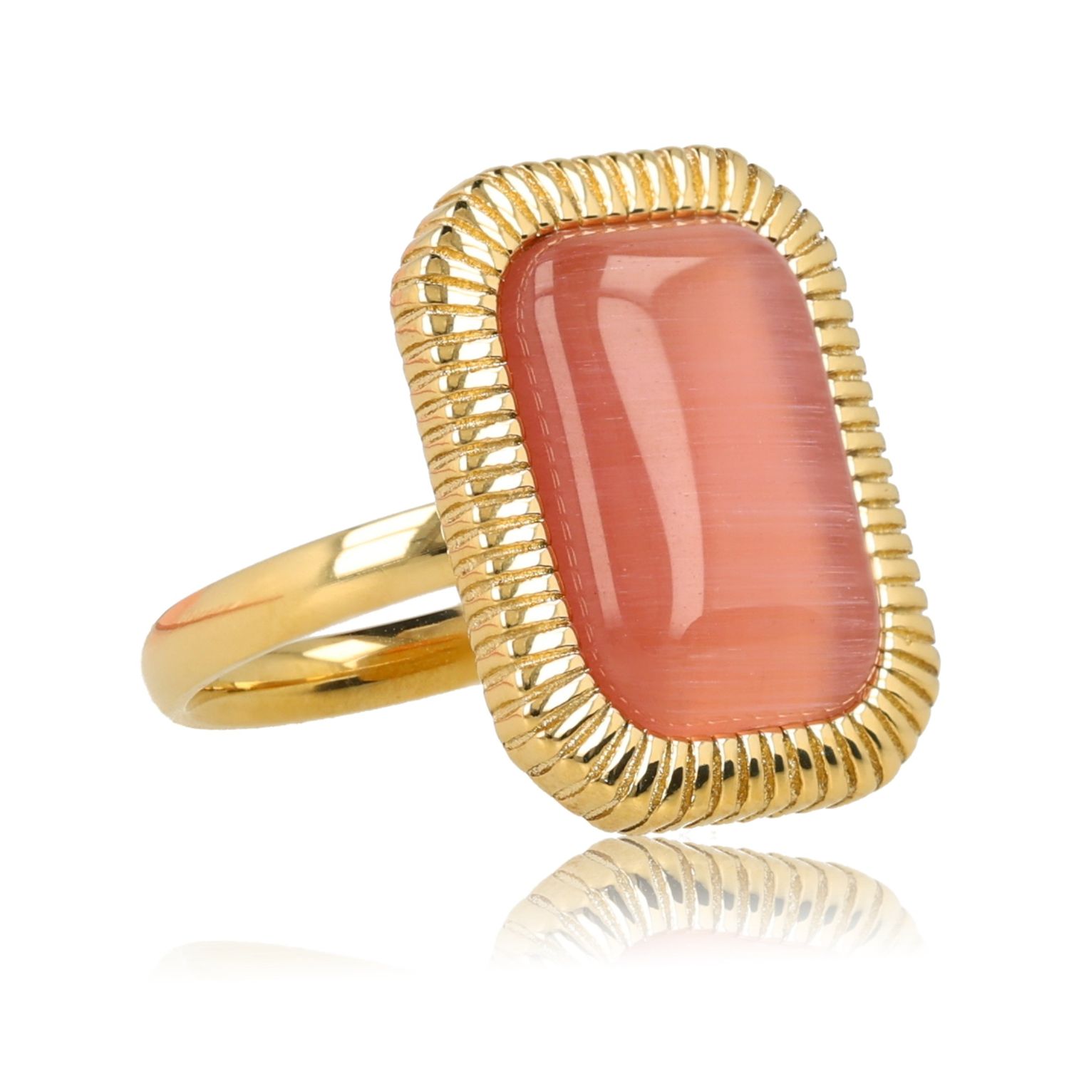 Statement Ring met Rechthoekige Edelsteen en Ribbelrand - Roze maansteen, Maat: Maat 16