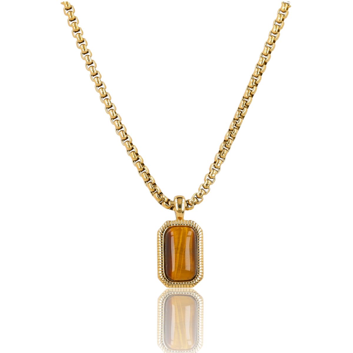 Ketting met Rechthoekige Edelsteen en Ribbelrand - Tijgeroog