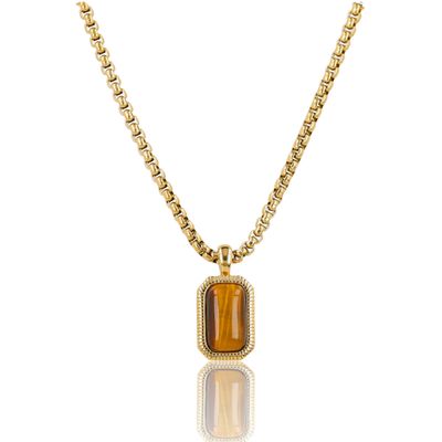 Ketting met Rechthoekige Edelsteen en Ribbelrand - Tijgeroog