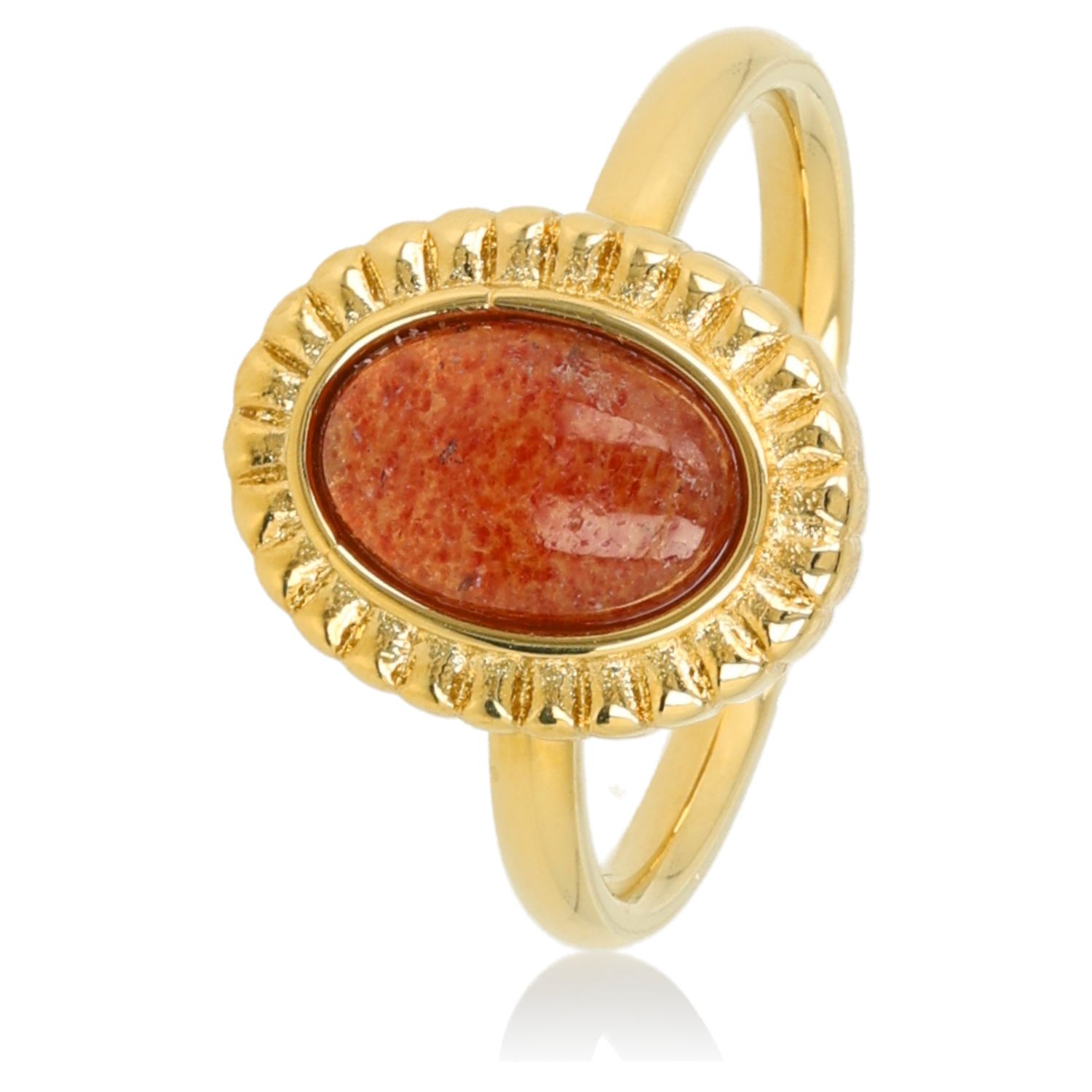 Ring met Ovale Edelsteen en Ribbelrand - Aardbeienkwarts, Maat: Maat 16