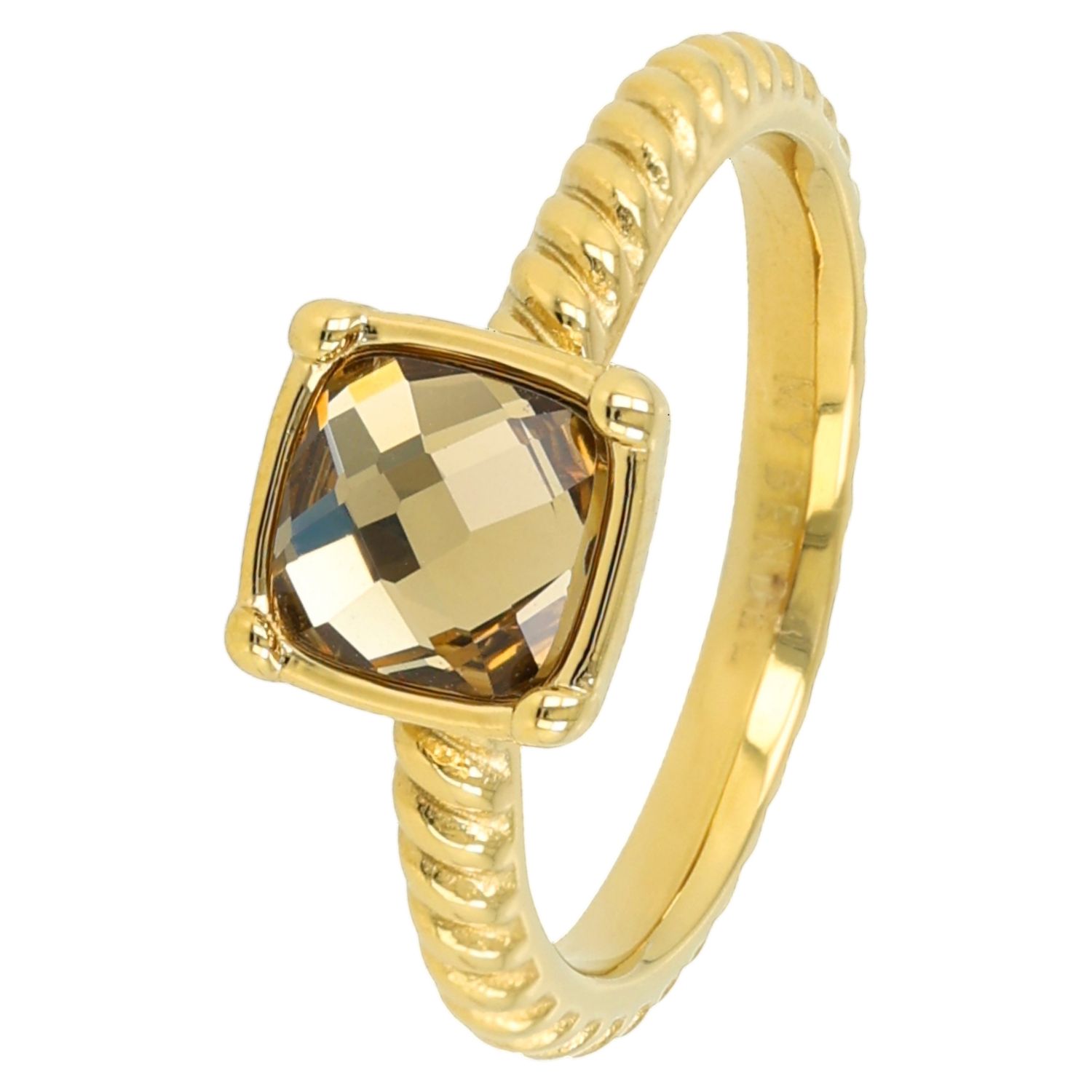 Geribbelde Ring met Vierkante Glassteen - Smoky Topaz, Maat: Maat 16