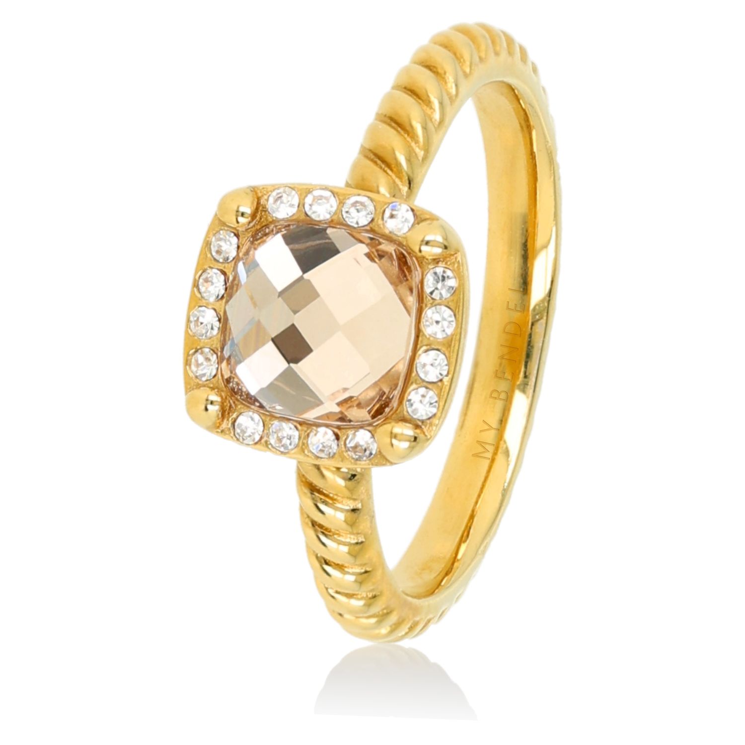 Geribbelde Ring met Vierkante Glassteen &amp; Zirkonia - Smoky Topaz, Maat: Maat 16
