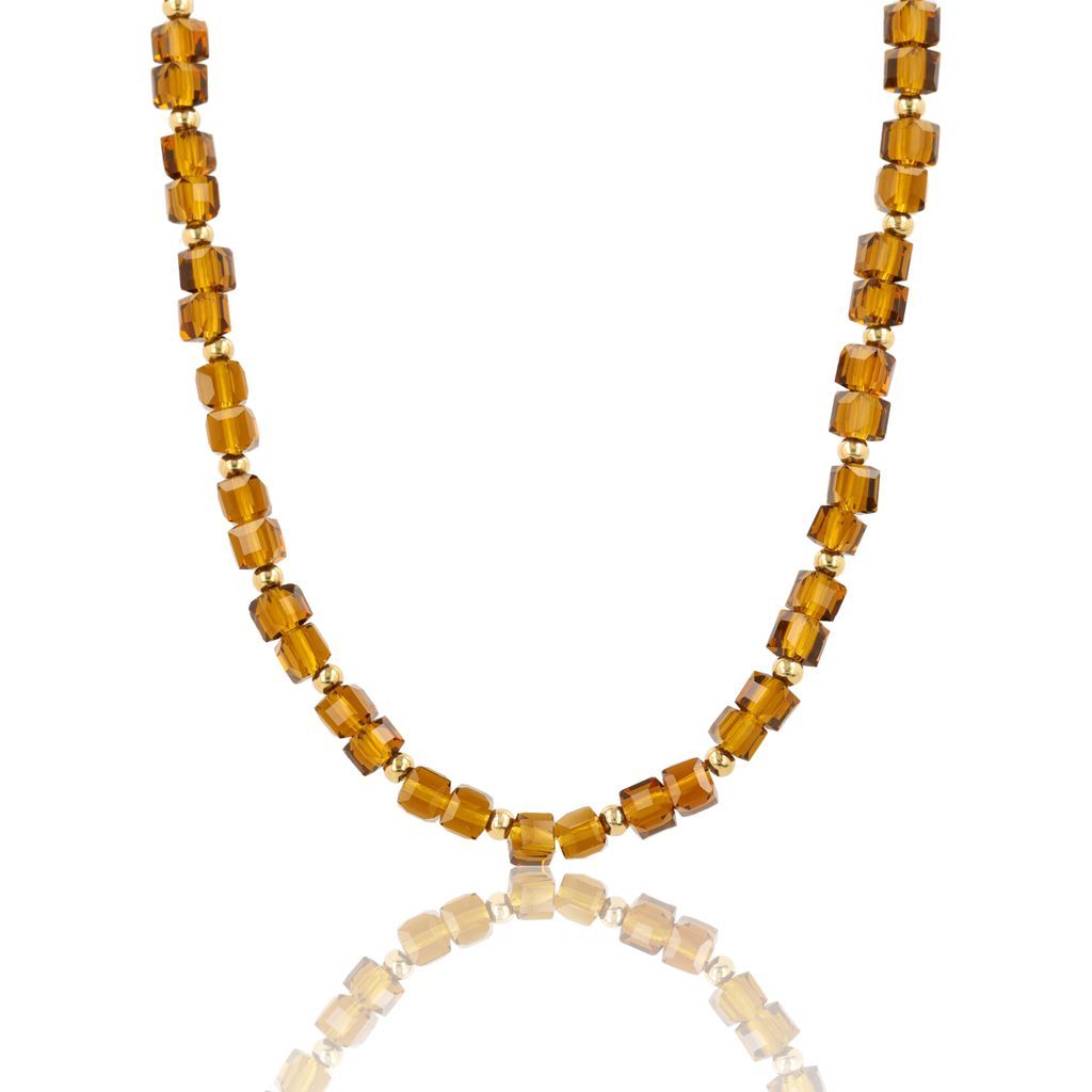 Ketting met Facetgeslepen Vierkante Kralen - Bruine Glassteen