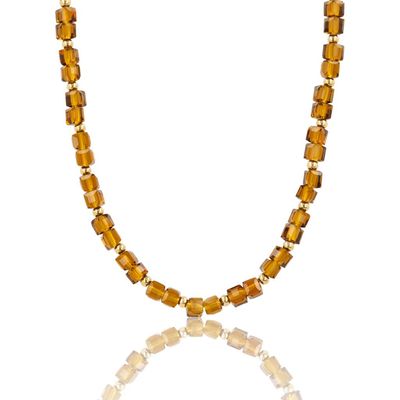 Ketting met Facetgeslepen Vierkante Kralen - Bruine Glassteen