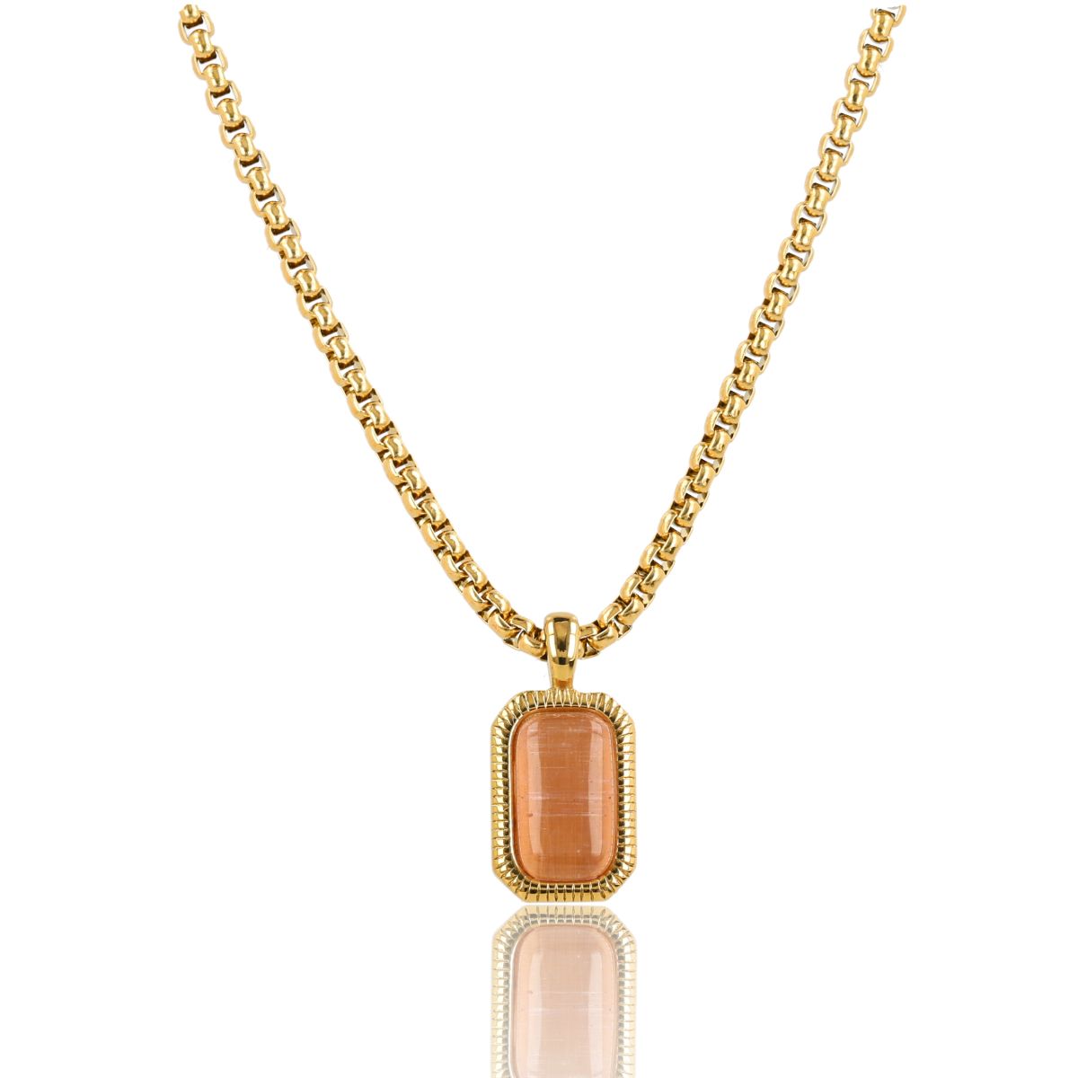 Ketting met Rechthoekige Edelsteen en Ribbelrand - Roze maansteen