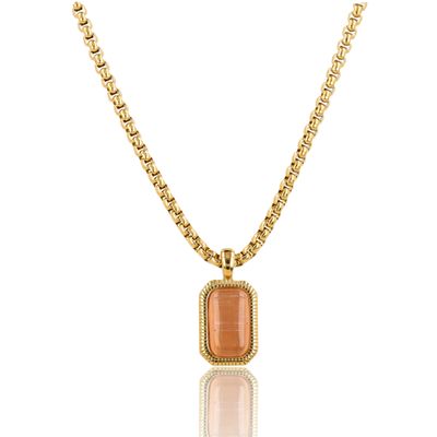Ketting met Rechthoekige Edelsteen en Ribbelrand - Roze maansteen