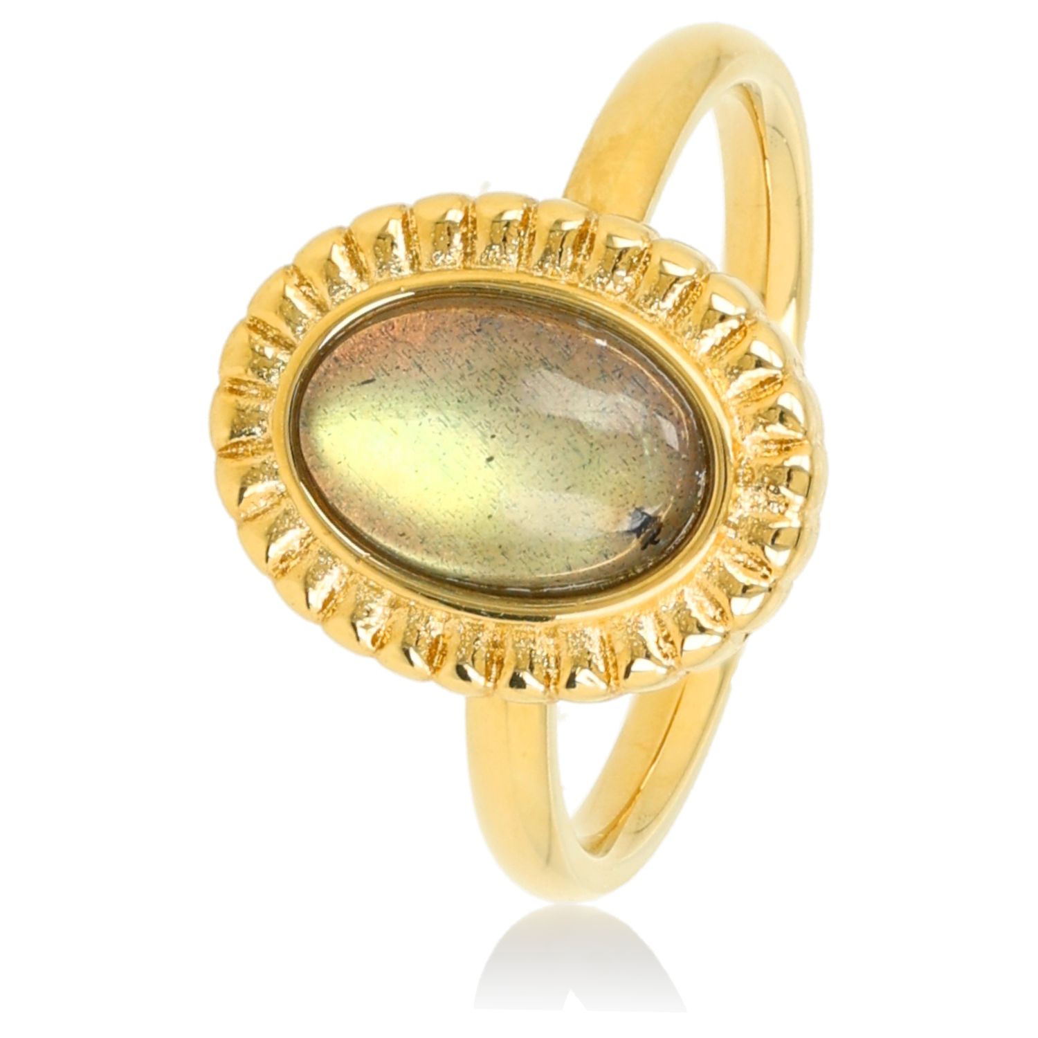 Ring met Ovale Edelsteen en Ribbelrand - Labradoriet, Maat: Maat 16