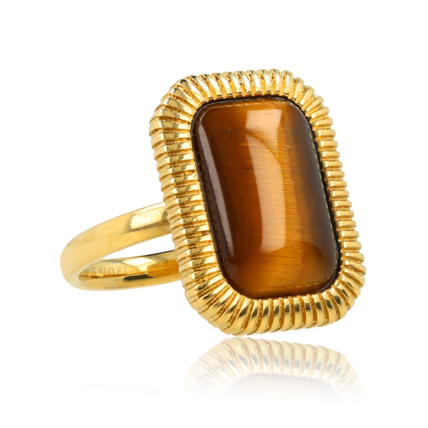 Statement Ring met Rechthoekige Edelsteen en Ribbelrand - Tijgeroog, Maat: Maat 16
