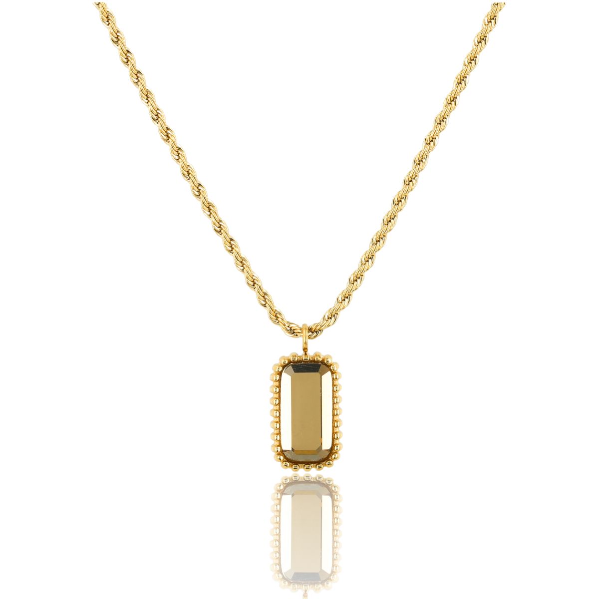 Ketting met Rechthoekige Glassteen en Bolletjesrand - Smoky Topaz
