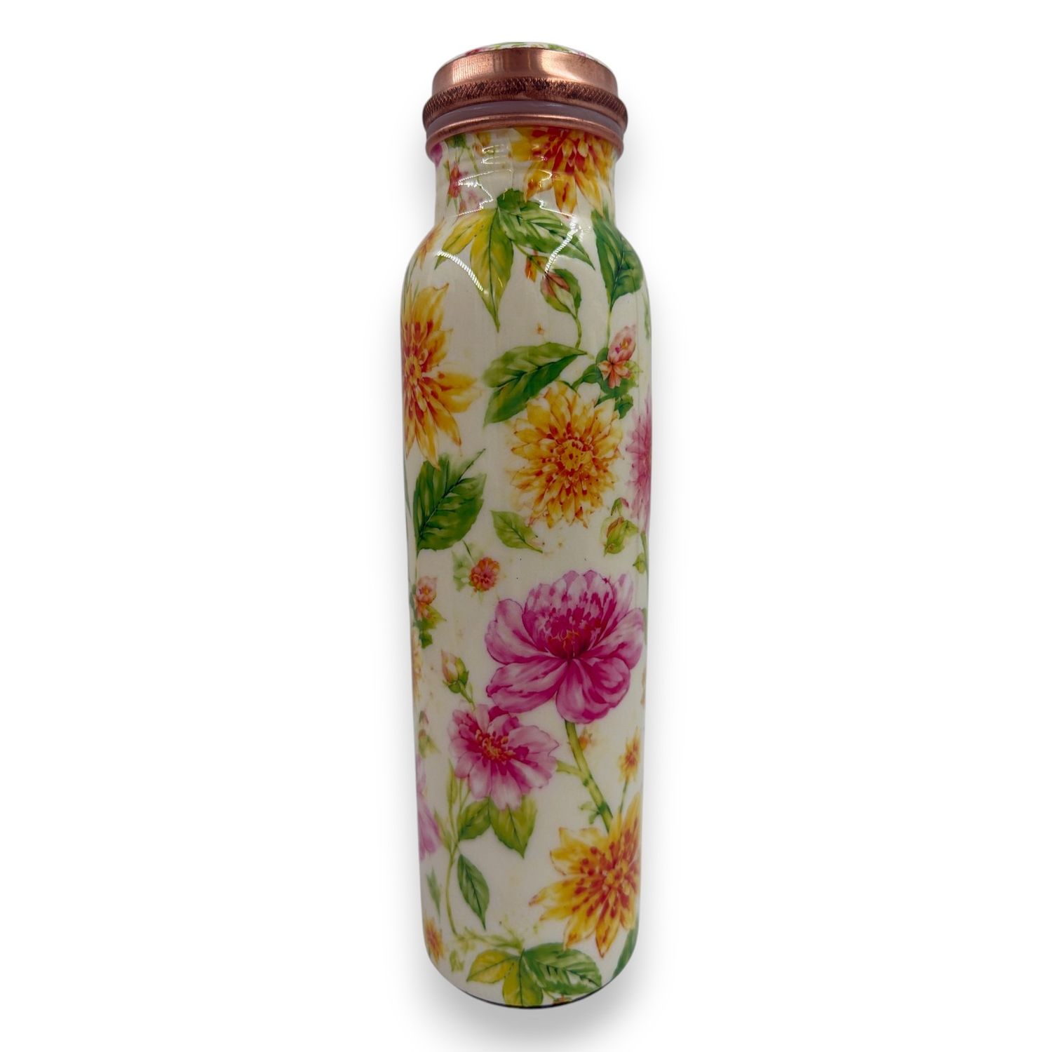 Koperen waterfles kleurrijke bloemen – ca. 900 ml