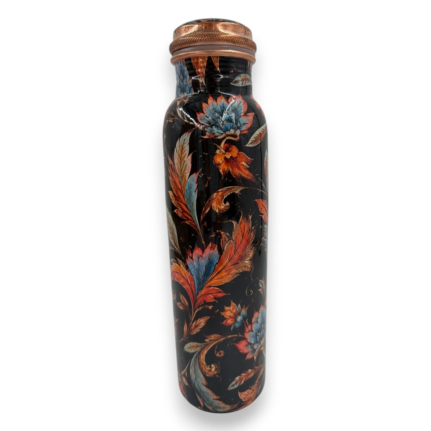 Koperen waterfles bloemenprint zwart – ca. 900 ml