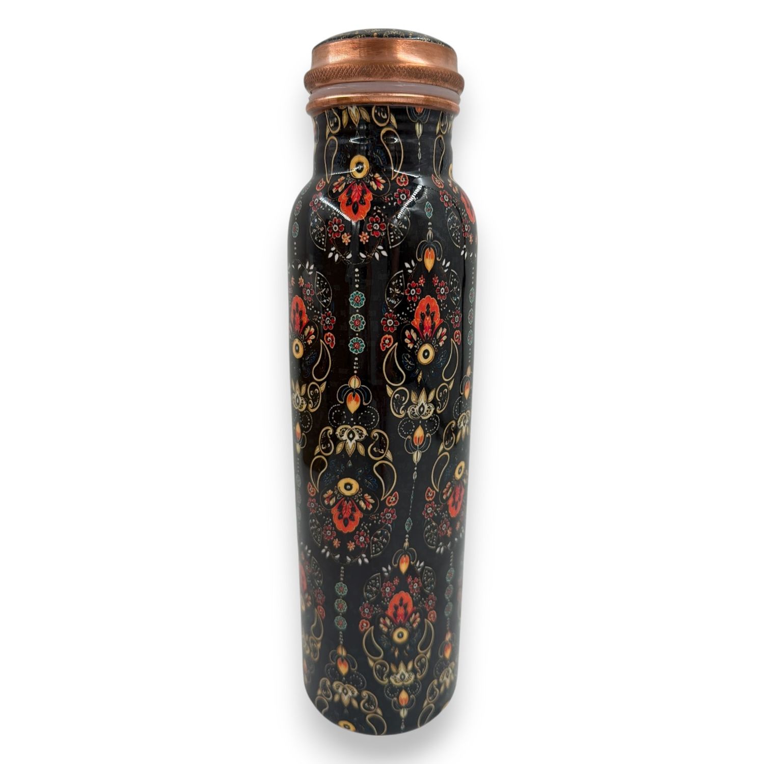 Koperen waterfles ornamentprint zwart – ca. 900 ml