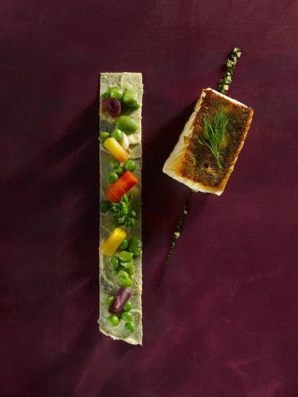 Dos de sandre nacré, Crème de millassou, légumes printaniers, Pistou d’ail des ours aux noix