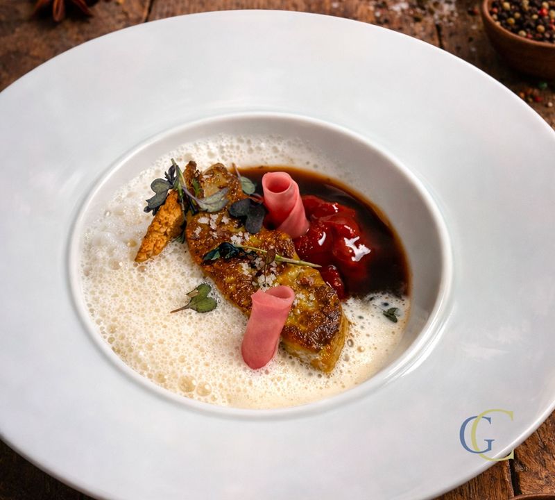 Escalope de foie gras, betteraves en textures, tuile de pain d'épice, réduction porto