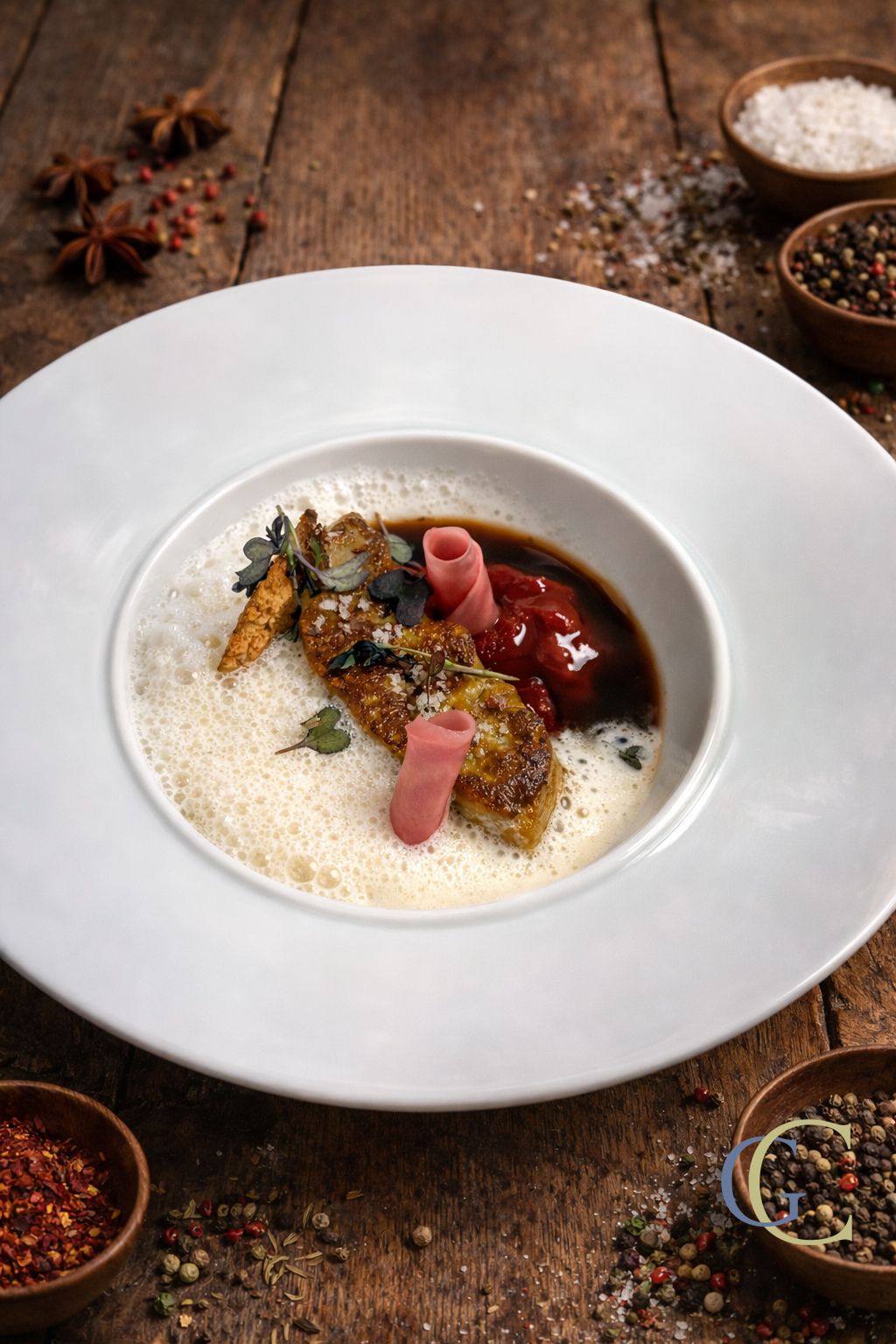 Escalope de foie gras, betteraves en textures, tuile de pain d'épice, réduction porto