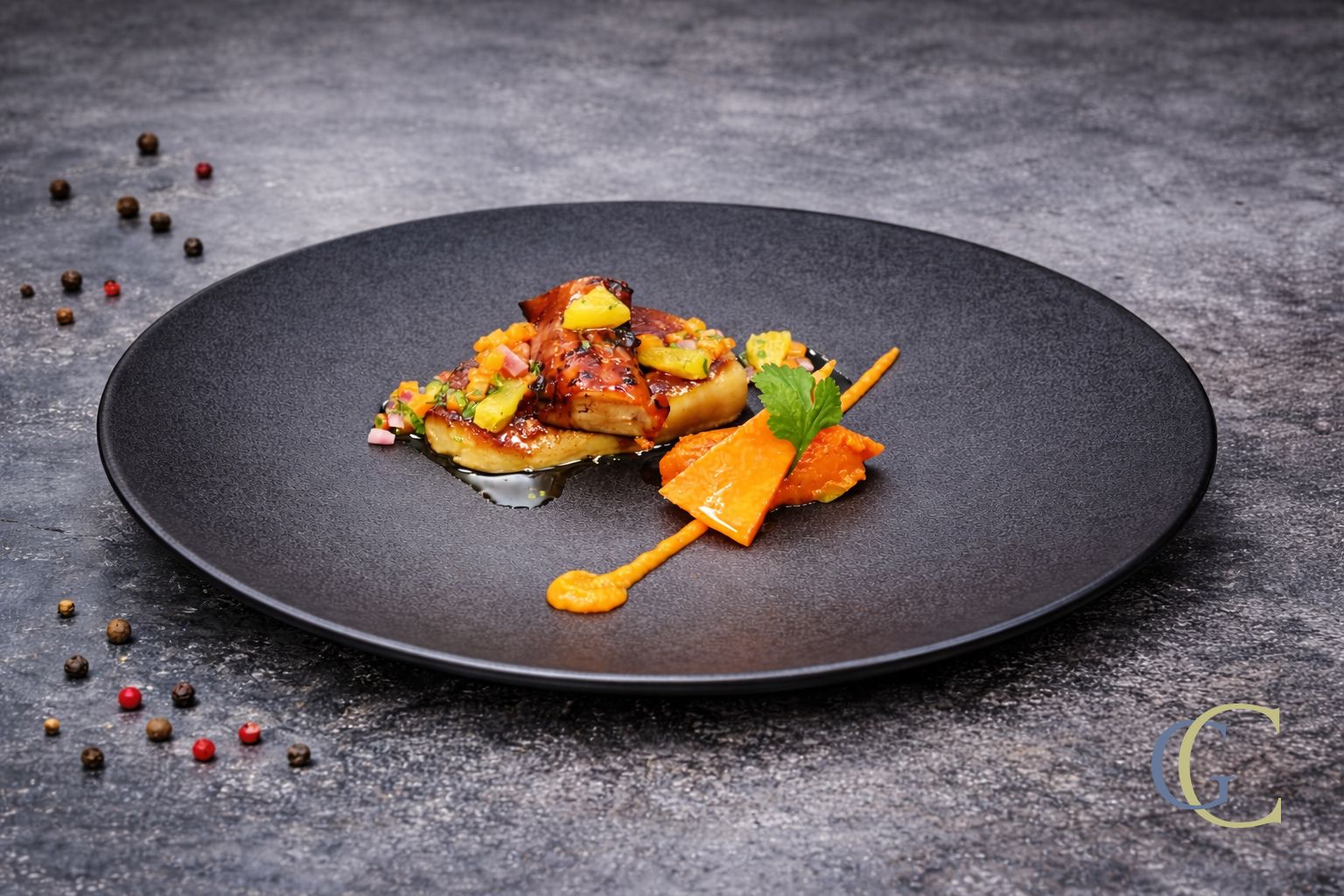 Escalope de foie gras poêlée, poulpe aux épices douces, courge et agrumes