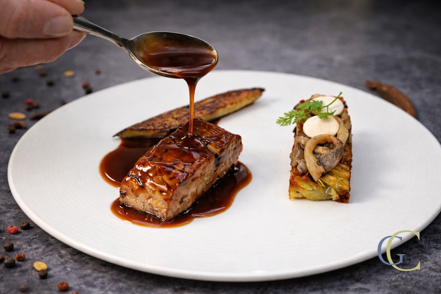 Dos de silure laqué au vin rouge, croustillant de pomme de terre et poireaux