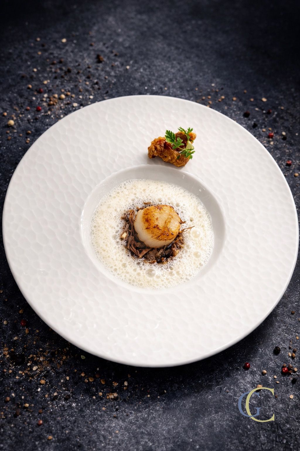 Effiloché de lièvre, Saint-Jacques snackée, émulsion iodée