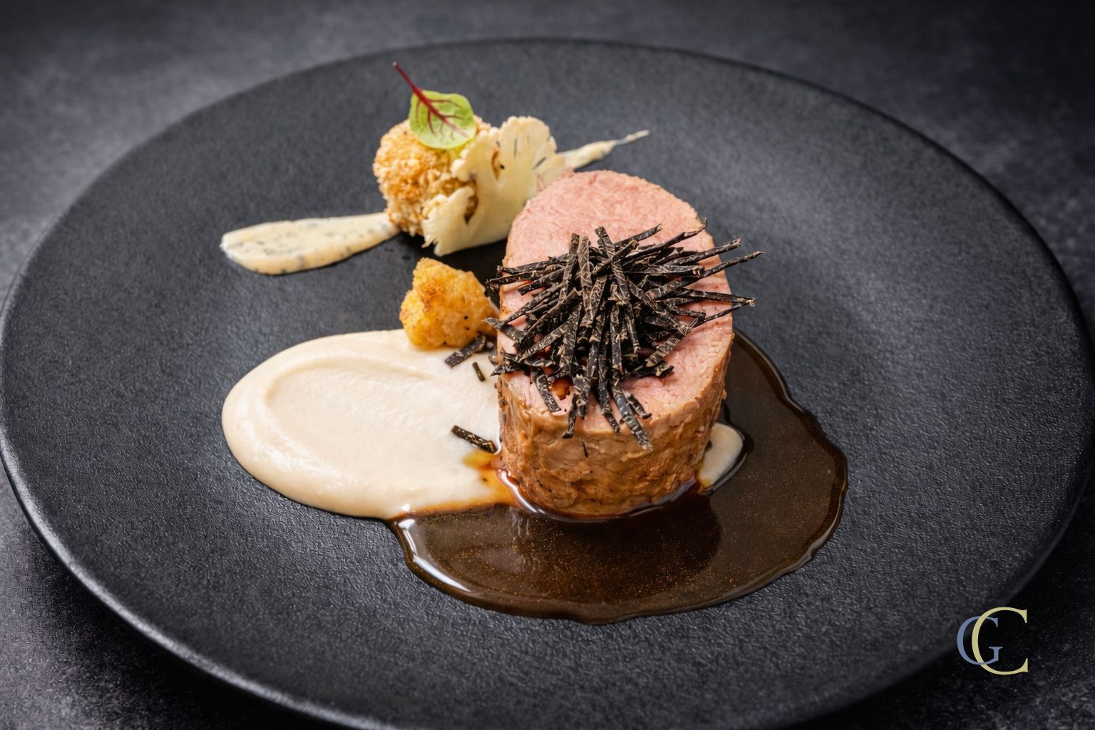 Quasi de veau cuit gentiment, râpée minute de truffes, variation autour du chou-fleur, jus de braisage