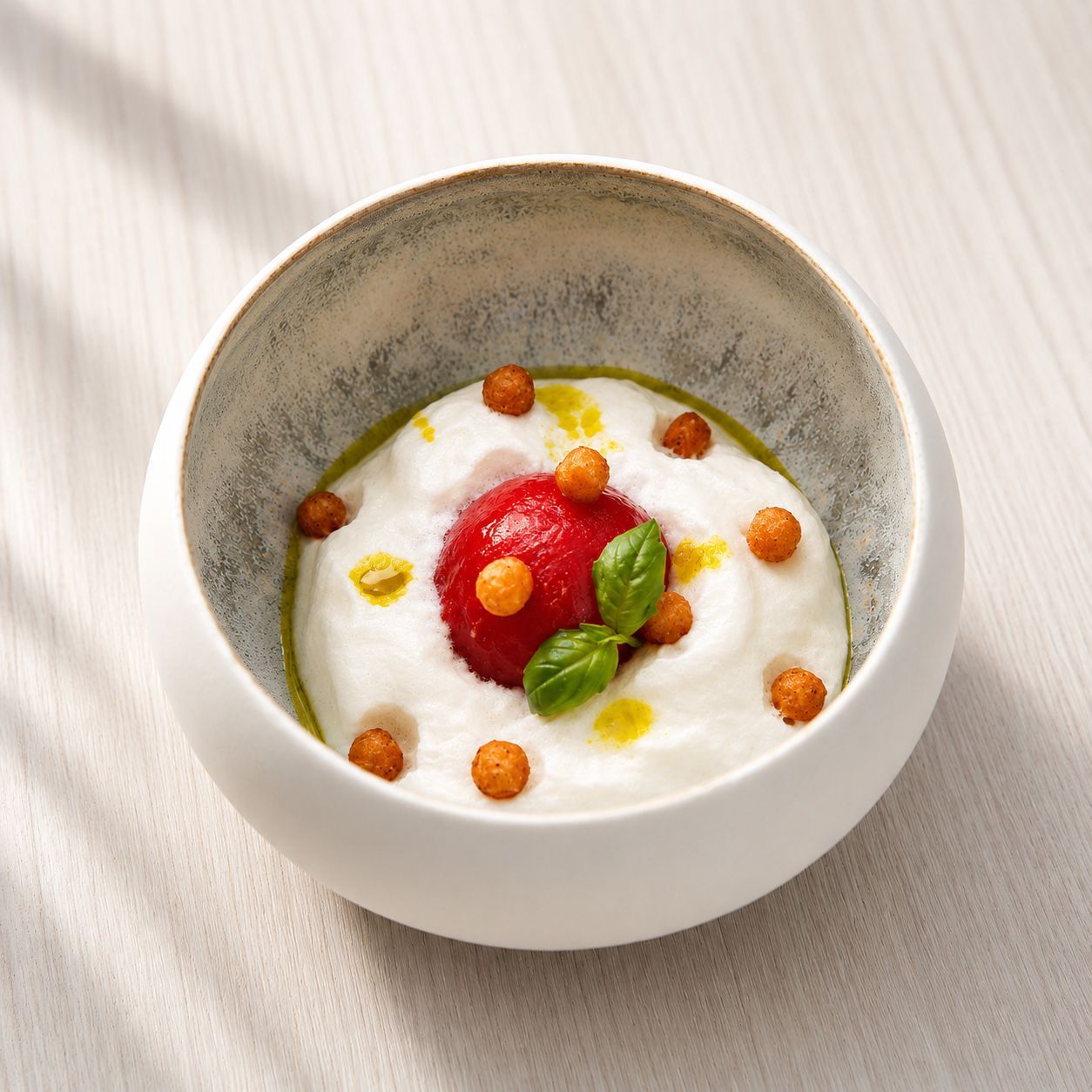 Tomate cocktail, chèvre frais, eau de tomate, caramel de tomate et basilic