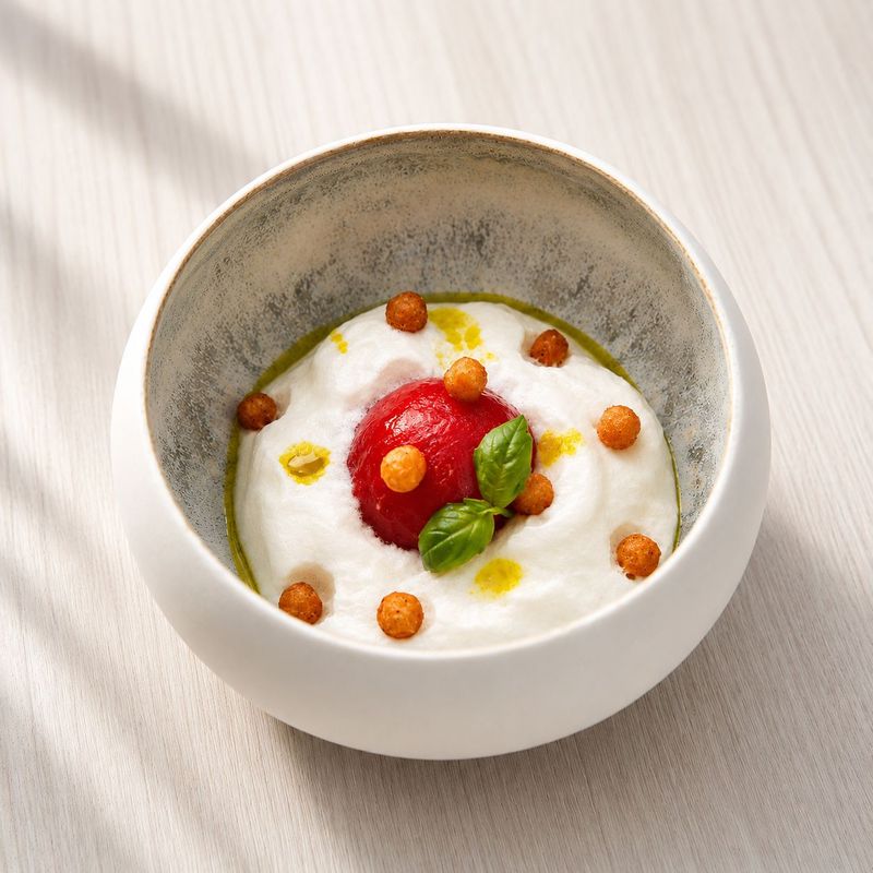 Tomate cocktail, chèvre frais, eau de tomate, caramel de tomate et basilic