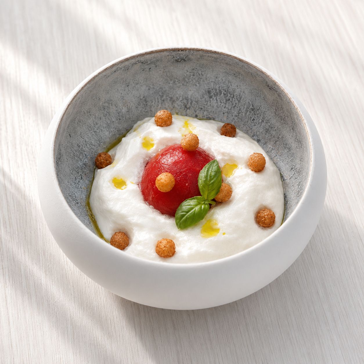 Tomate cocktail, chèvre frais, eau de tomate, caramel de tomate et basilic