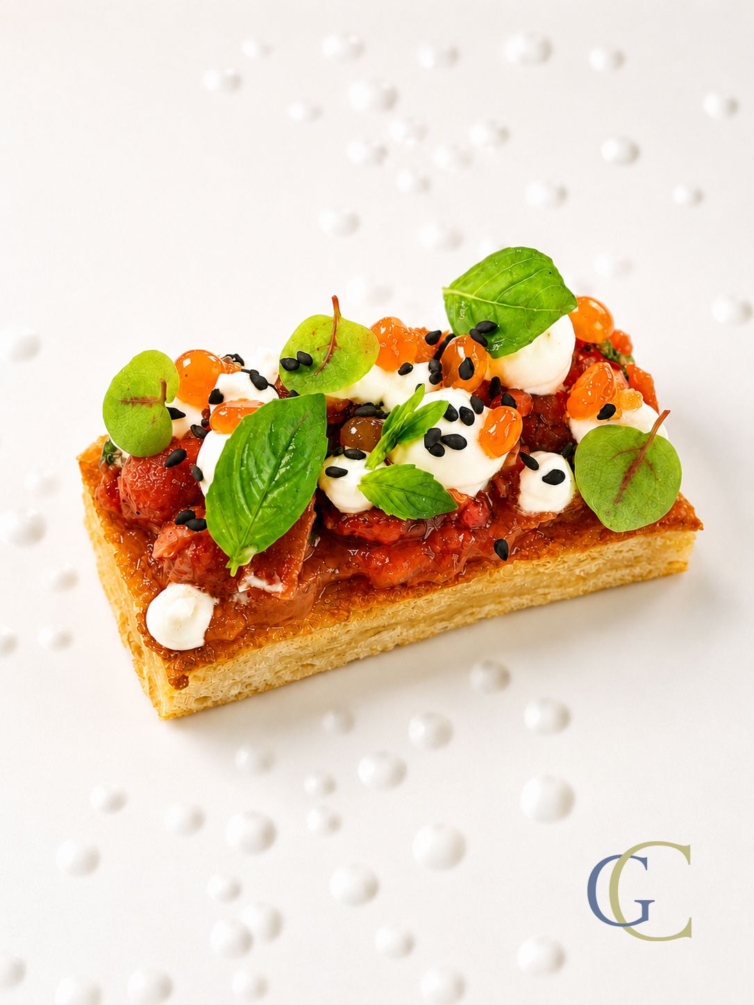 Focaccia, tomate basilic, siphon de Sainte-Maure de Touraine
