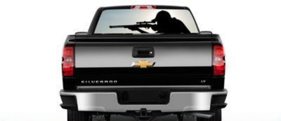 Truck with a hunter-themed perforated vinyl backglass decal, part of our custom backglass decals collection