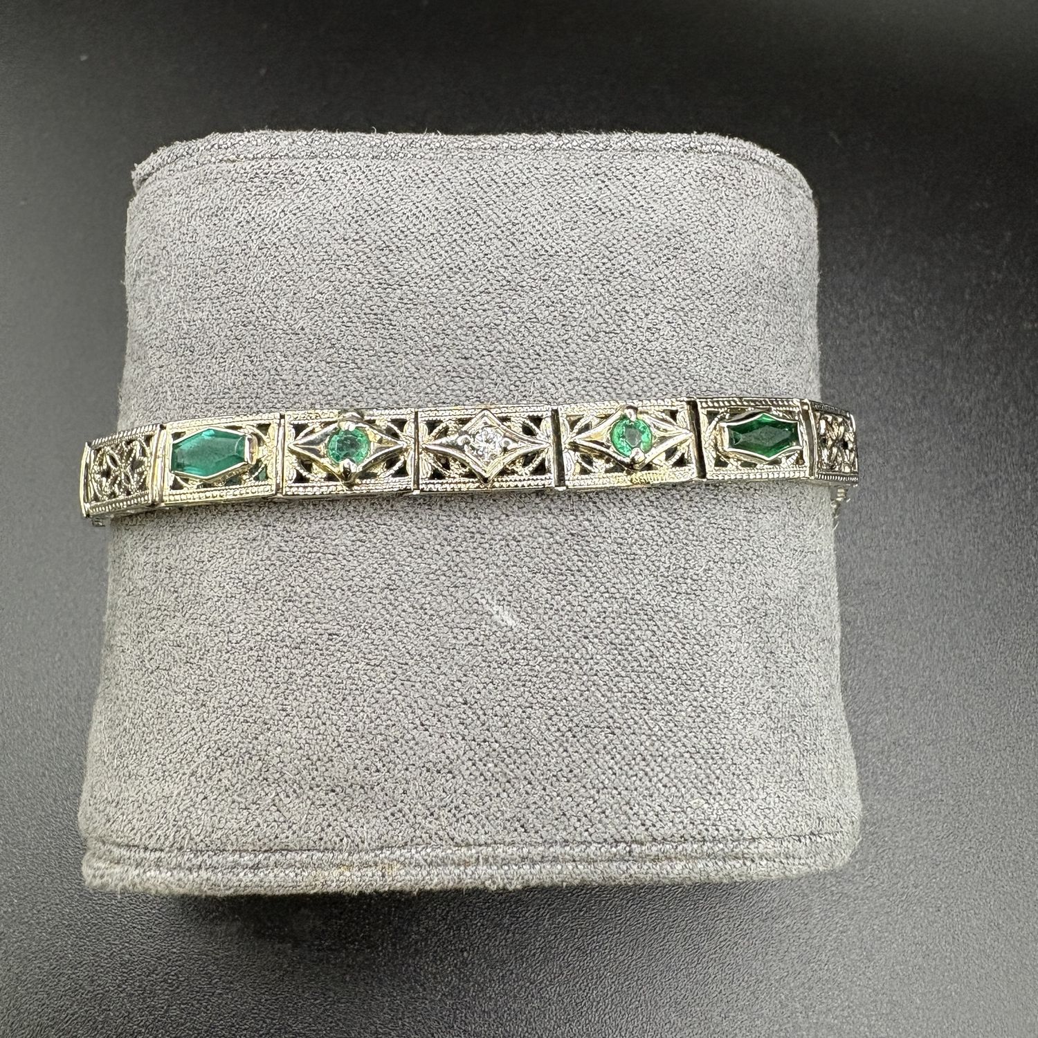 14K ART DECO EMERALD &amp; DIAMOND FILIGREE BRACELET