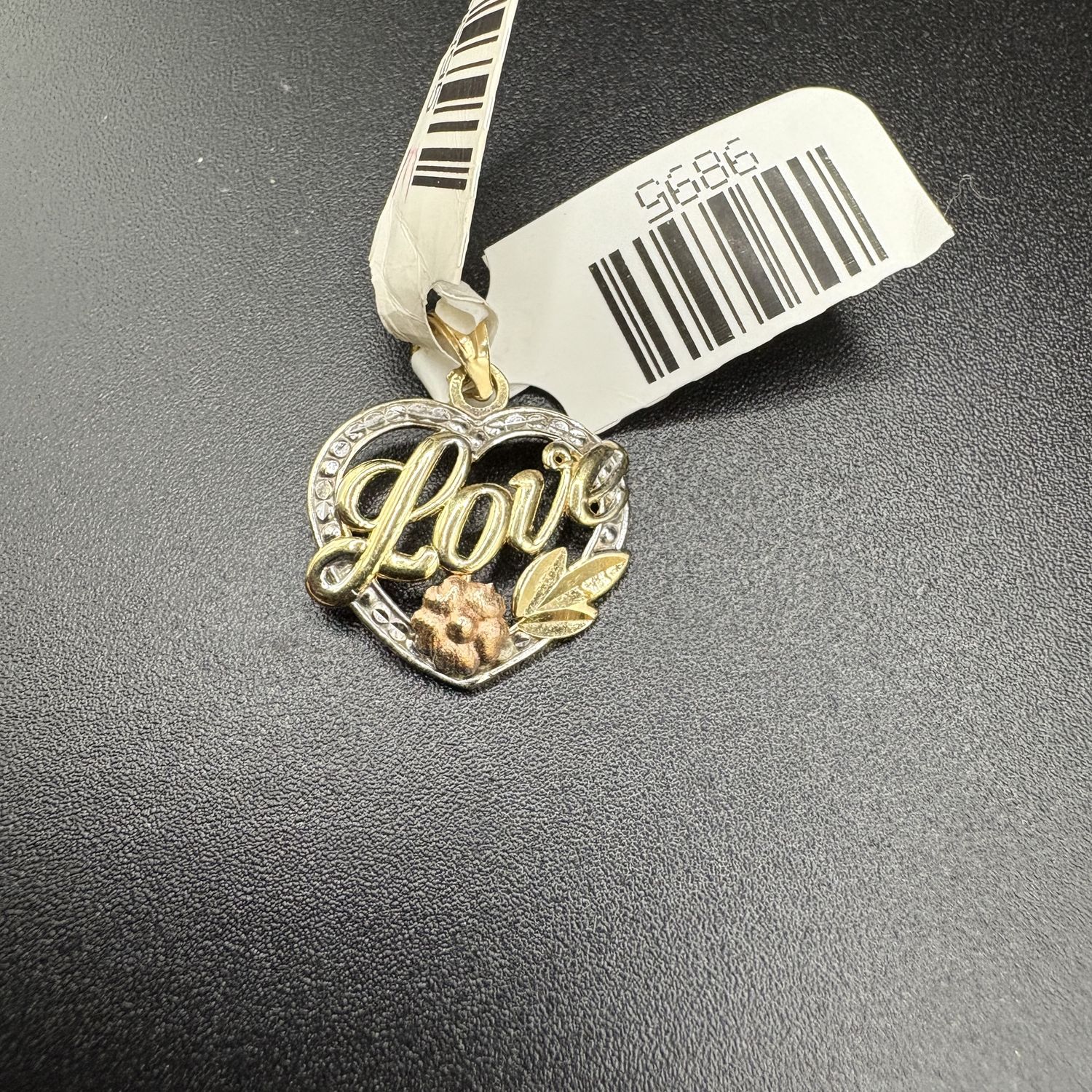 14K TRI COLOR HEART WITH &quot;LOVE&quot; &amp; FLOWER PENDANT