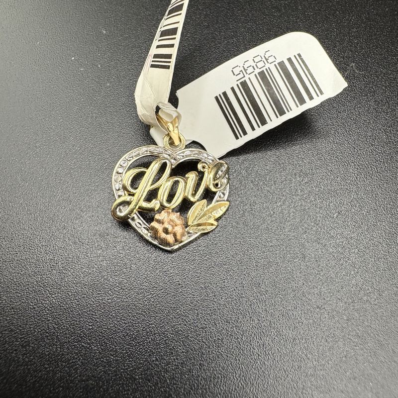 14K TRI COLOR HEART WITH &quot;LOVE&quot; &amp; FLOWER PENDANT