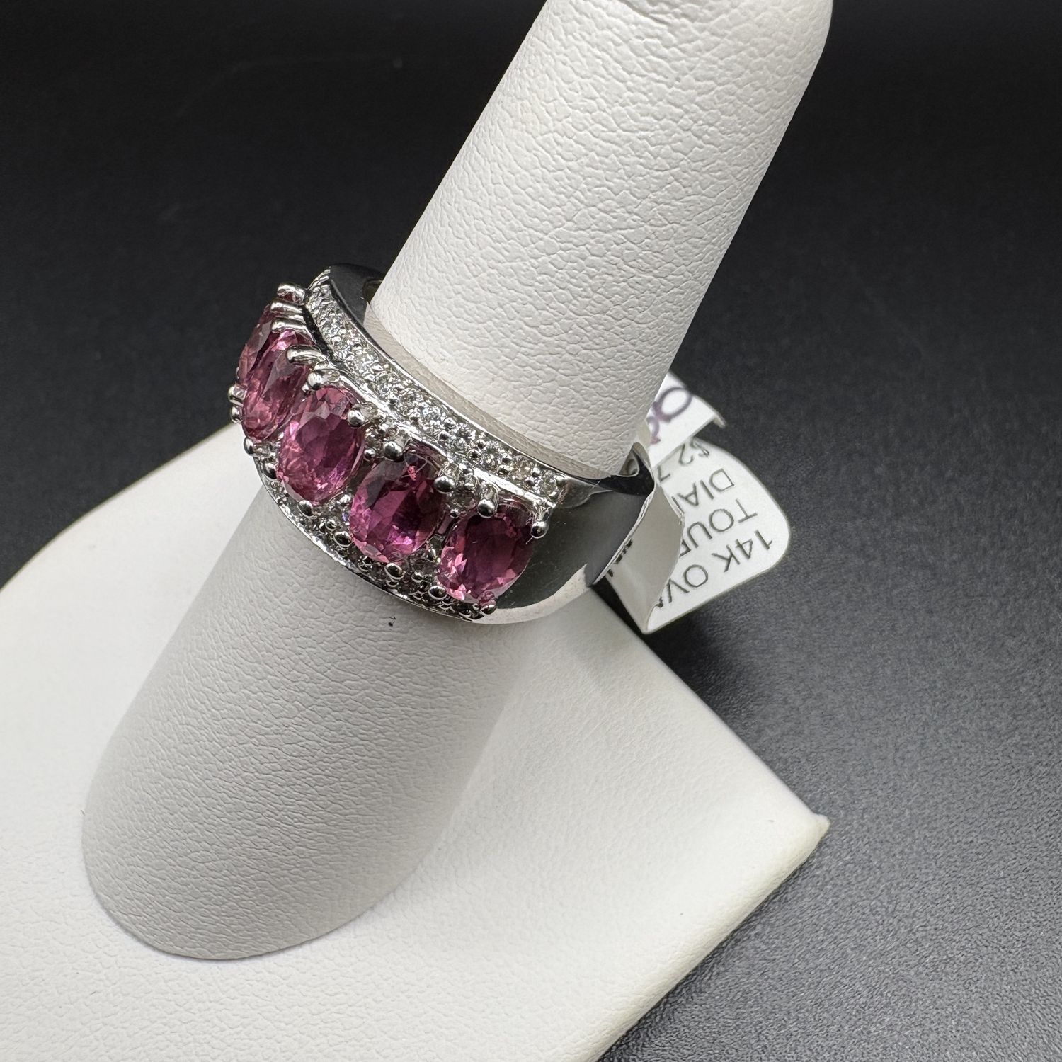 14K OVAL PINK TOURMALINE &amp; DIAMOND RING, SIZE 7.5, 8.1GRAMS