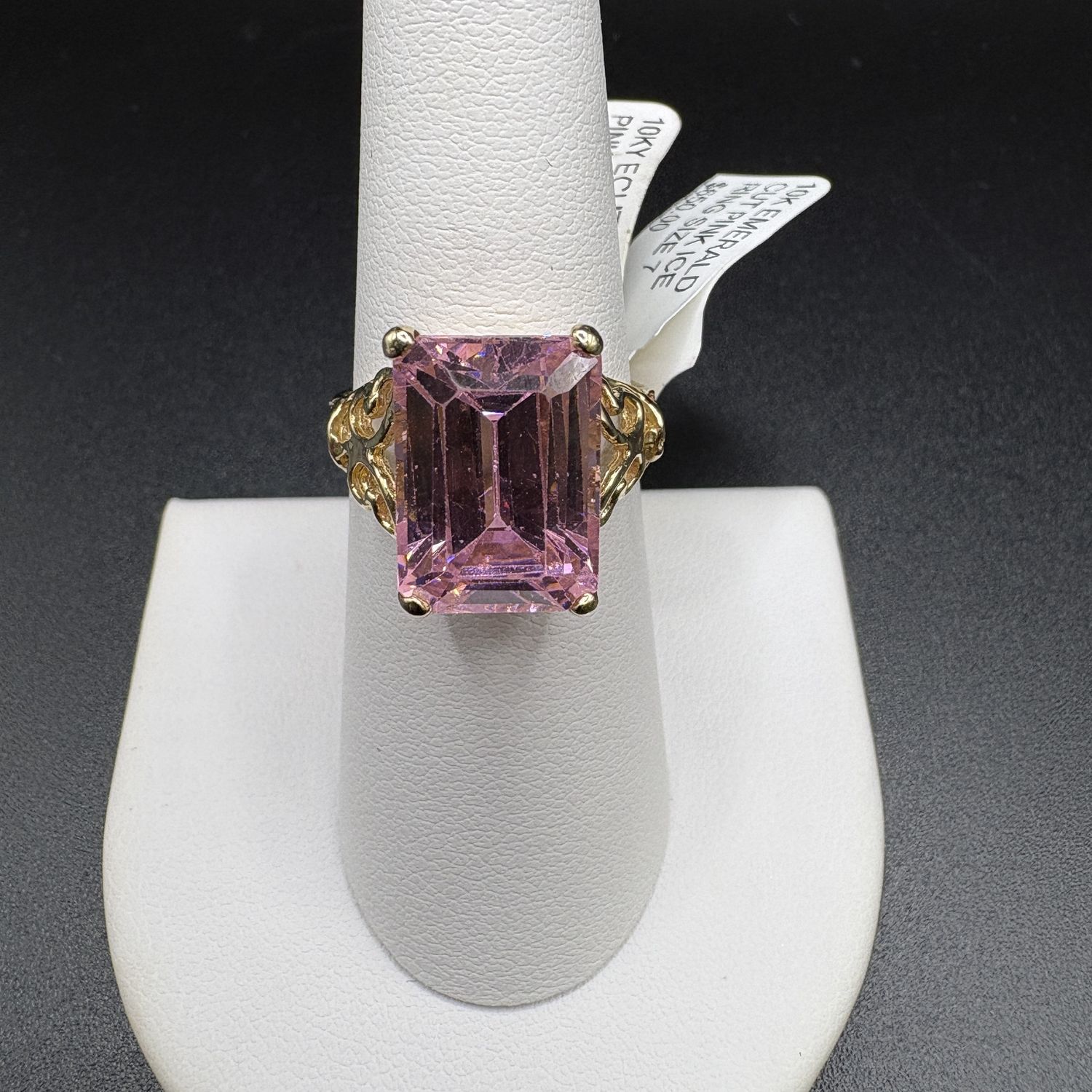 10K EMERALD CUT PINK ICE RING SIZE 7