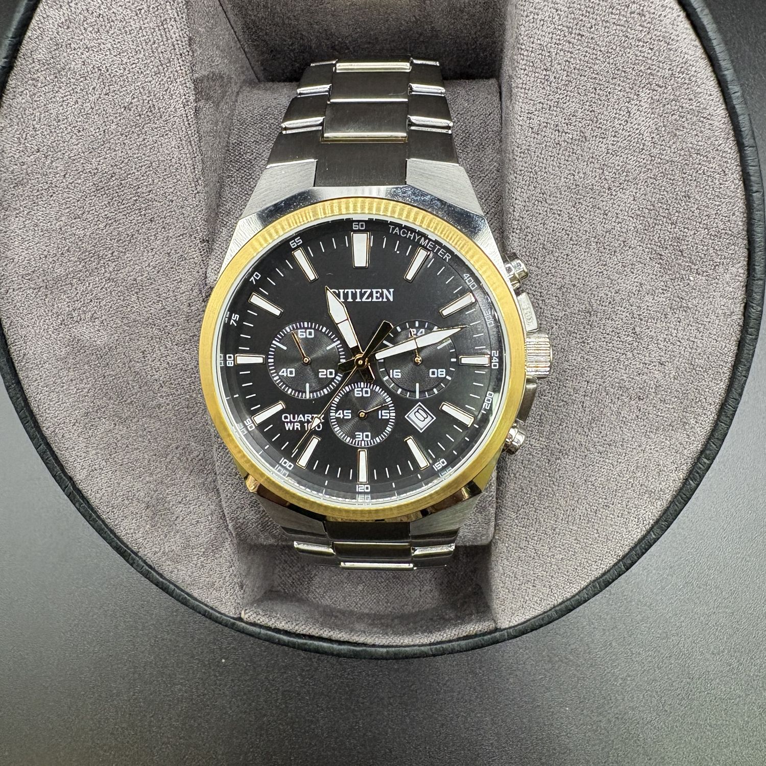 CITIZEN QUARTZ WR100 BLACK FACE, TWO TONE STAINLES BAND, LIKE NEW IN BOX