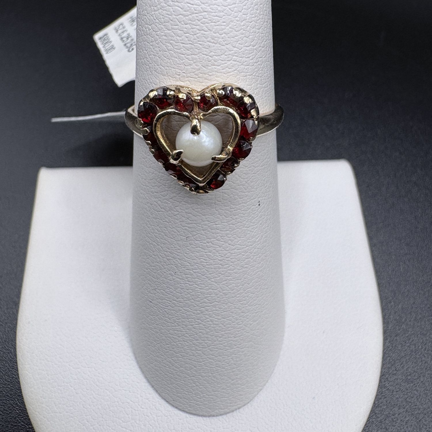 14K  RUBY HEART WITH CENTER PEARL RING SIZE 6.25