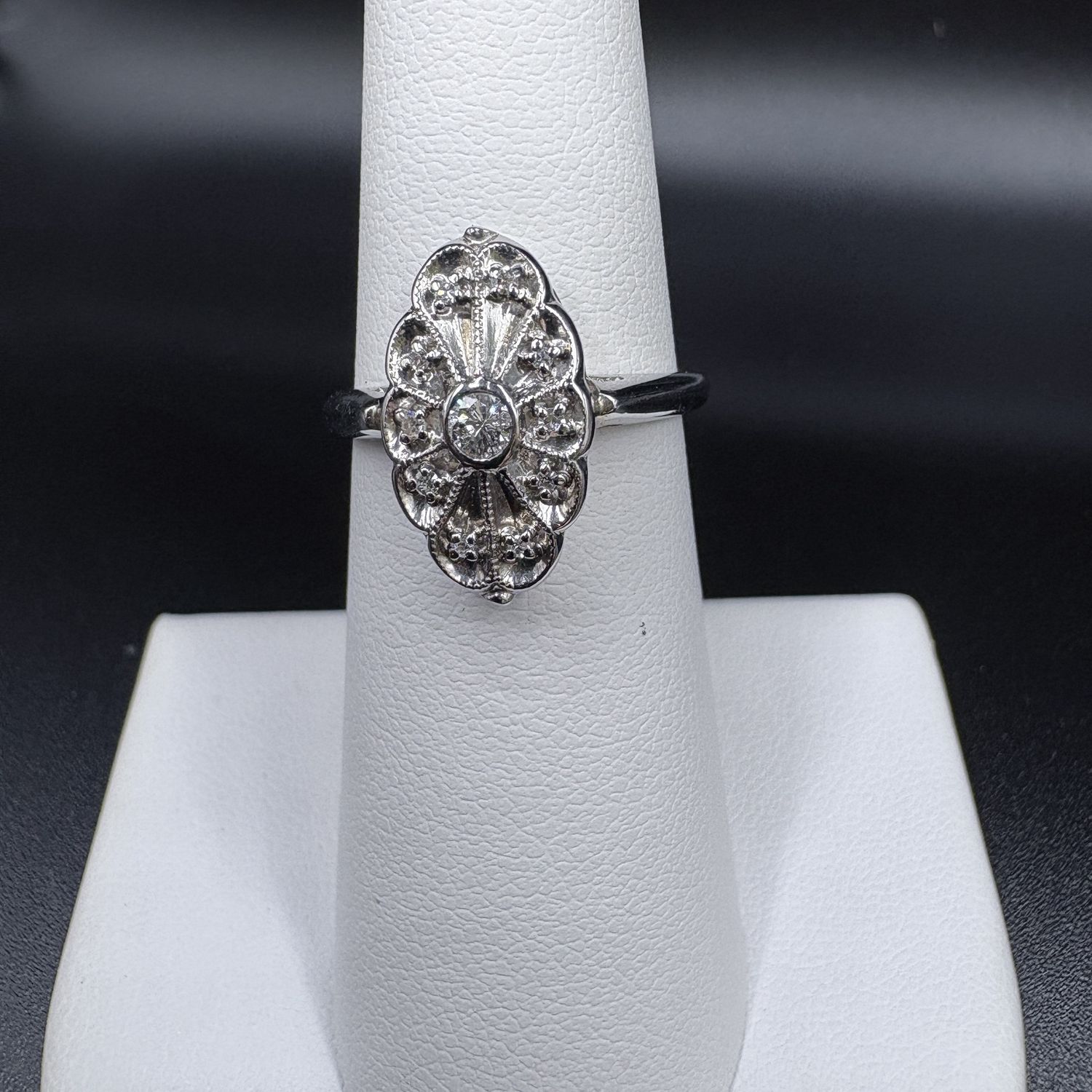 14K ANTIQUE NATURAL DIAMOND FILAGREE RING, SIZE 6, 3.25 GRAMS