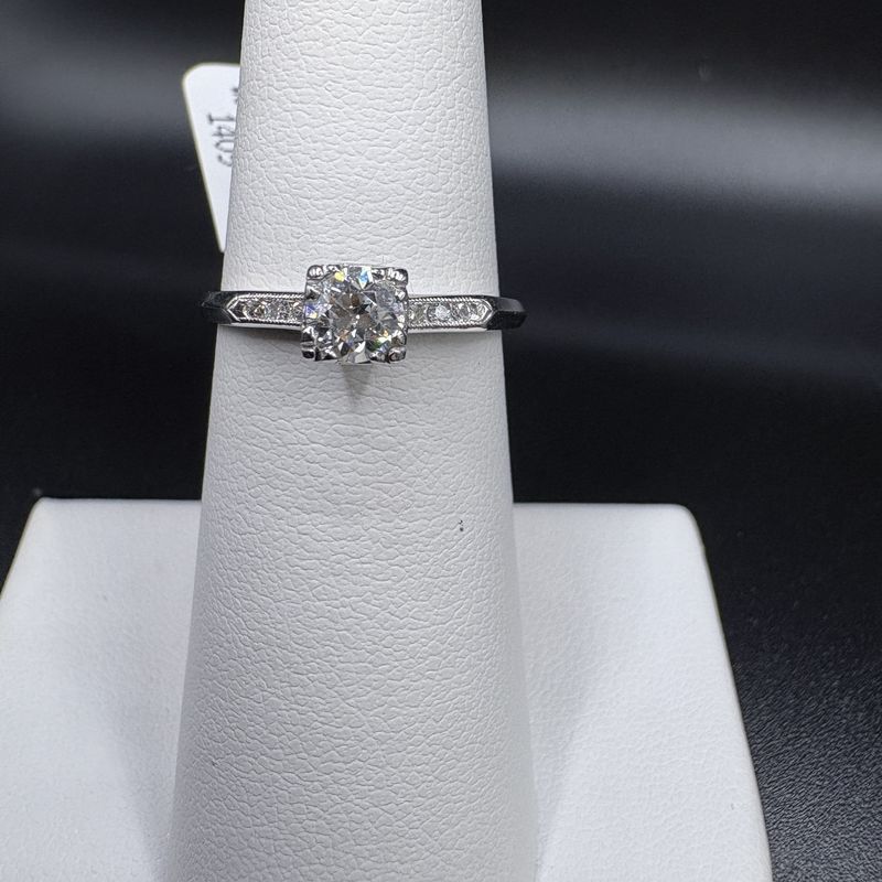 PLATINUM ENGAGMENT RING WITH ROUND OLD CUT NATURAL DIAMOND, AND  6 SMALL DIAMONDS ALONG SHANK, SIZE 6.5, 2.77G,