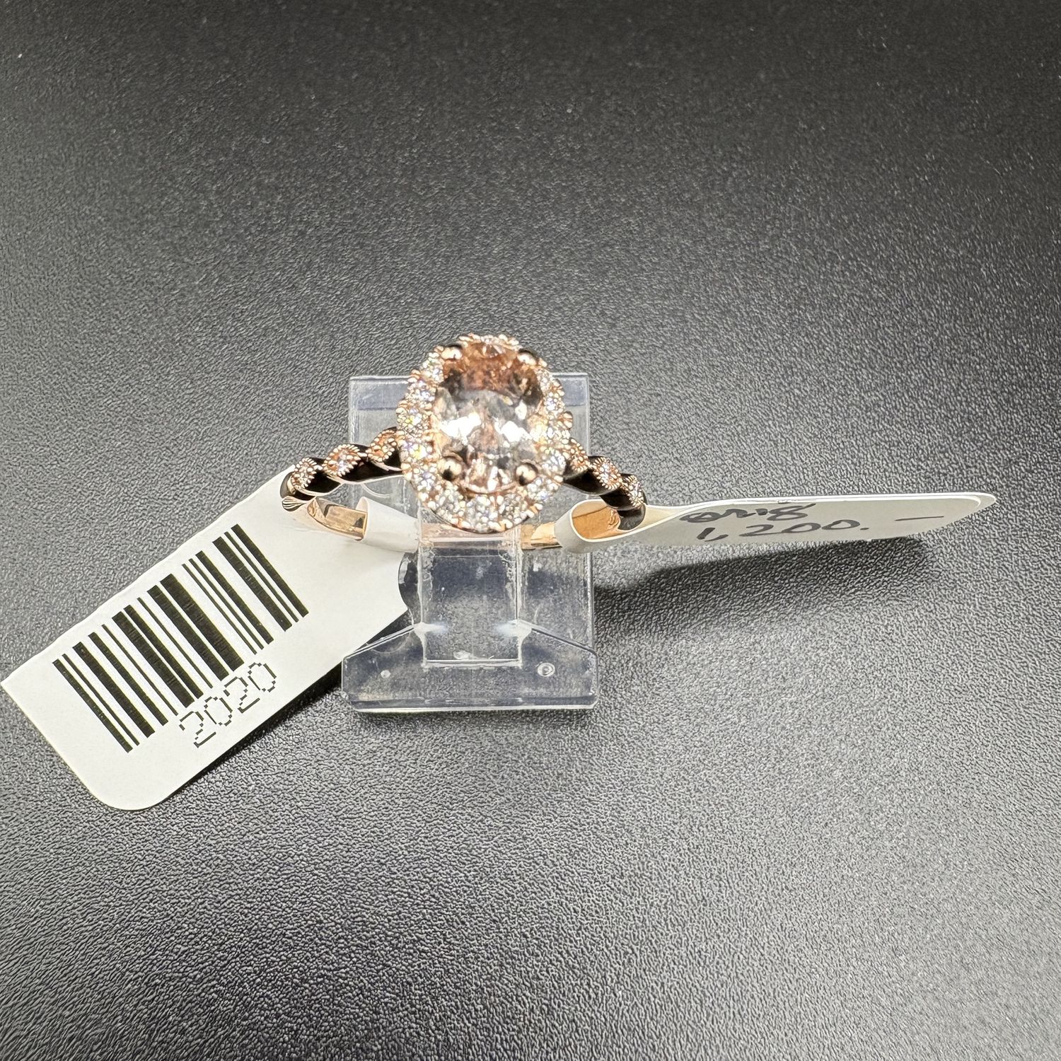 10K ROSE GOLD MORGANITE AND DIAMOND SCOLLOPED RING, SIZE 7, 2.47G