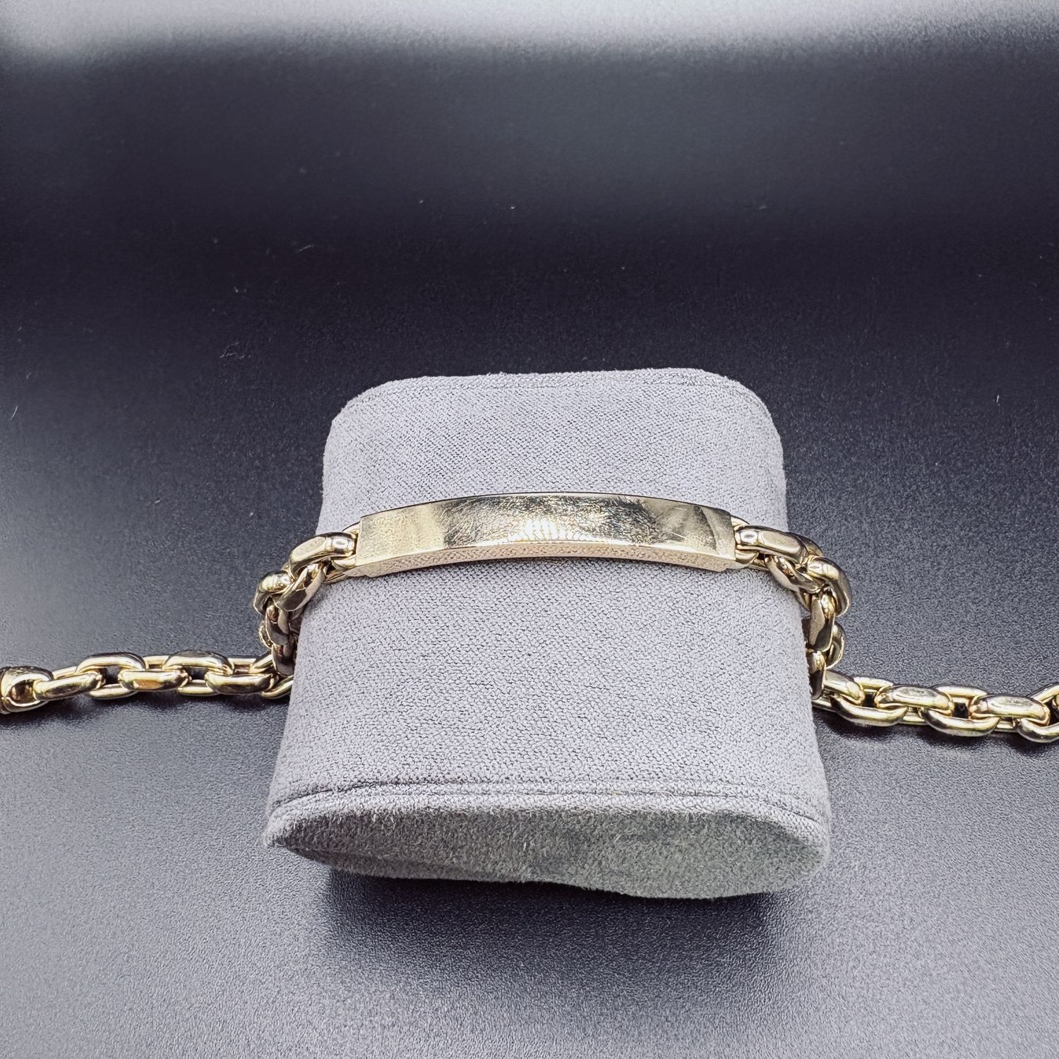 14K GUCCI TYPE LINK,  ENGRAVEABLE BAR BRACELET,  8 INCHES, 13.91G