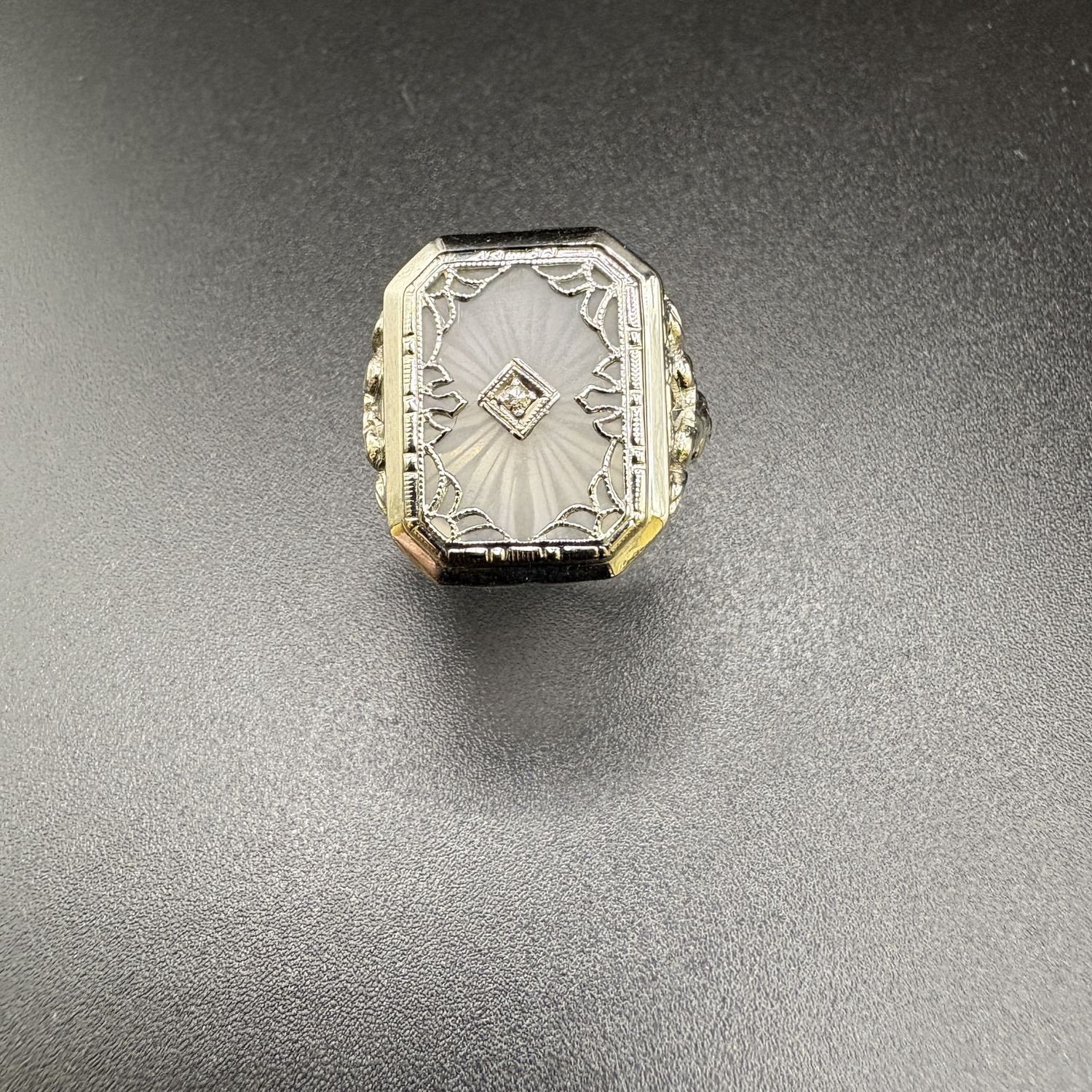 14k Art Deco Etched Rock Crystal and Diamond ring, size 8,  3.93g